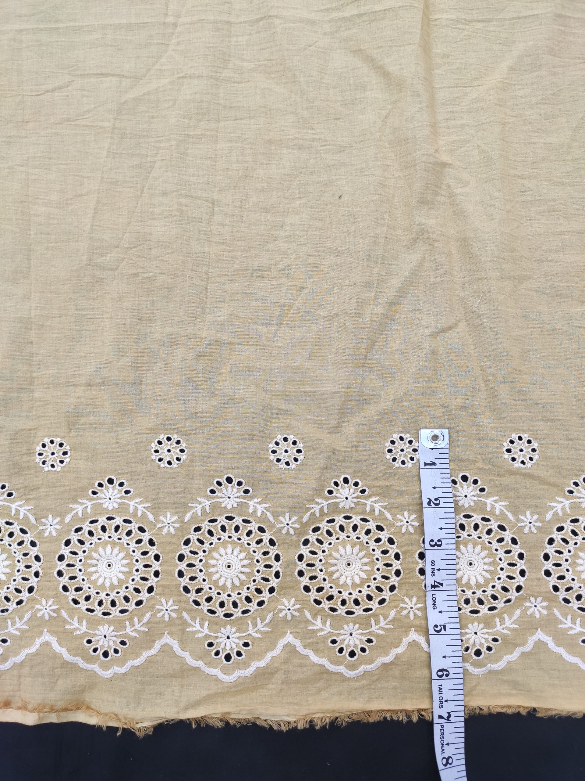Beige Cotton Fabric with White Schiffli Border | Charu Creation - Image 3