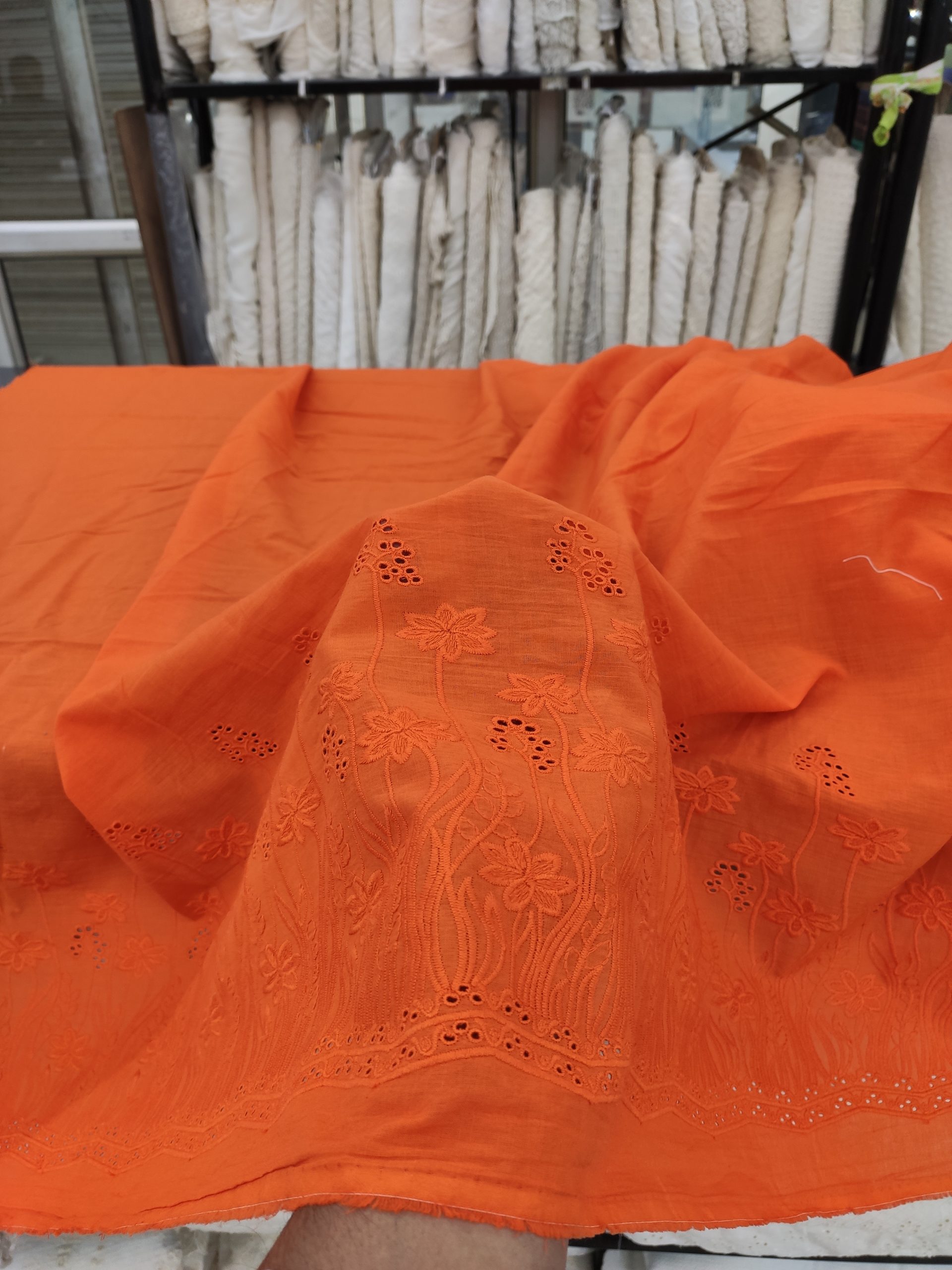 Rust Color Cotton Fabric with Tonal Floral Border Embroidery | Charu Creation