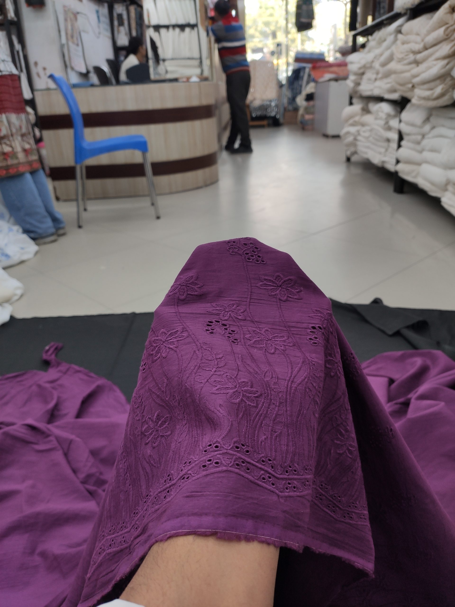 Purple Color Cotton Fabric with Floral Border Embroidery | Charu Creation