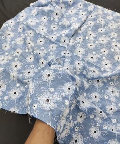 Blue Cotton Chambray with White Floral Embroidery | Charu Creation