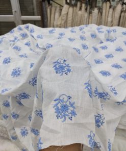 White Cotton Cambric with Blue Floral Embroidery | Charu Creation