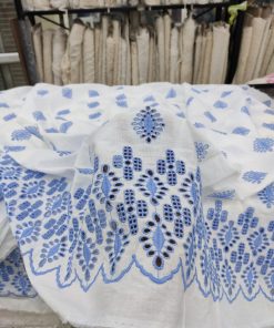 Blue Embroidered Cotton Cambric with Scalloped Border Fabric | Charu Creation