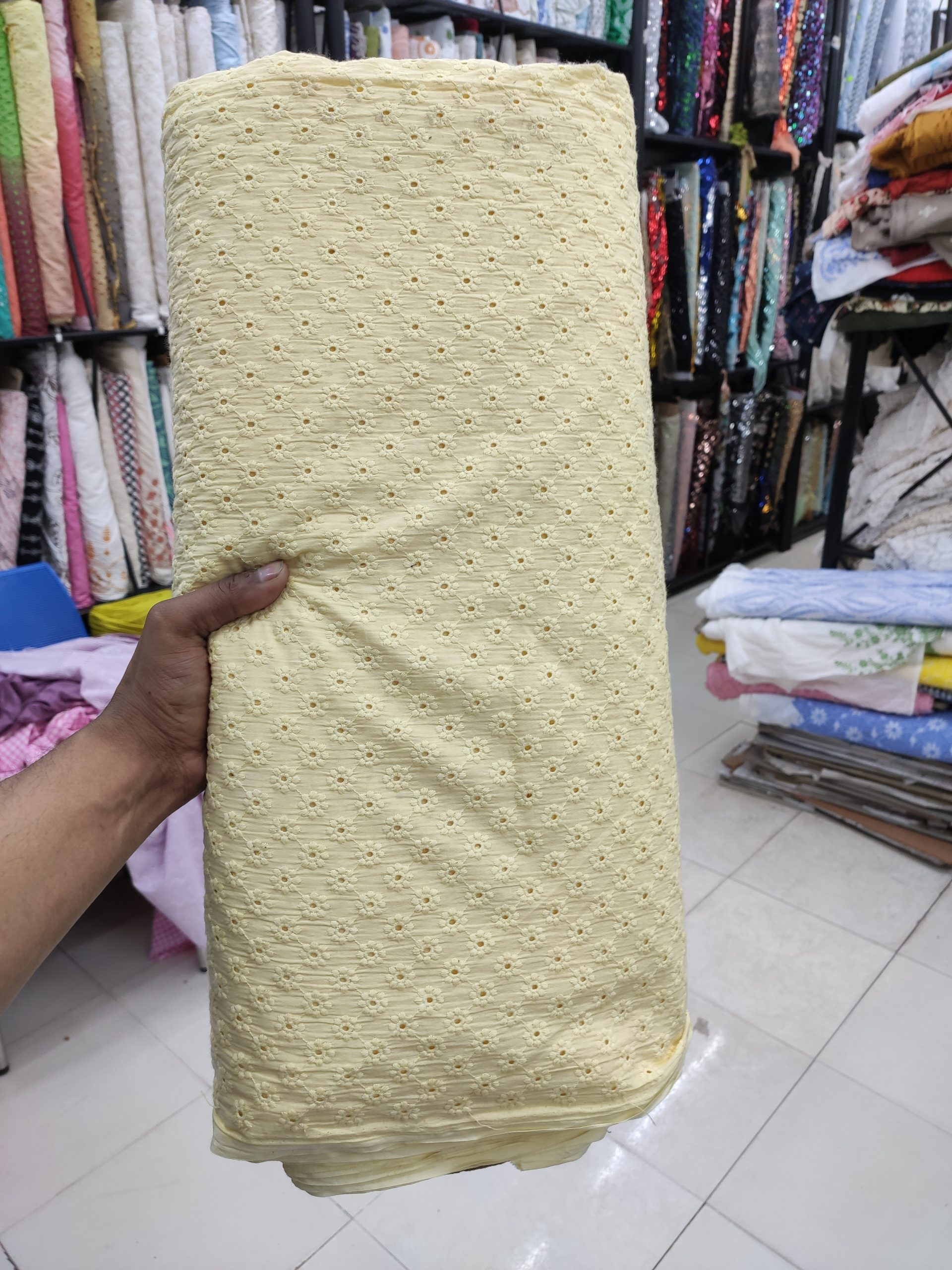 Yellow Cotton Cambric with All Over Floral Embroidery | Charu Creation - Image 2