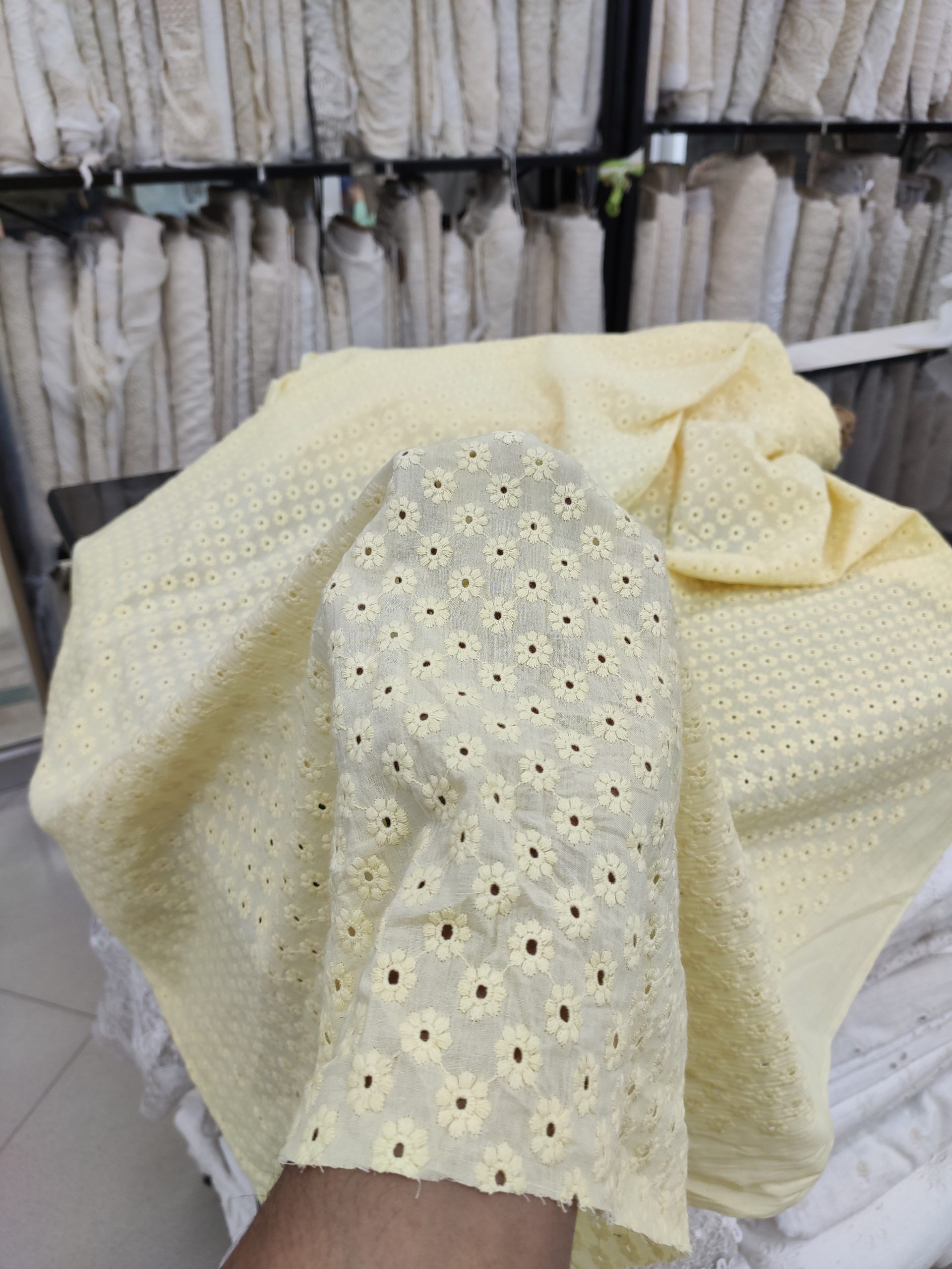 Yellow Cotton Cambric with All Over Floral Embroidery | Charu Creation