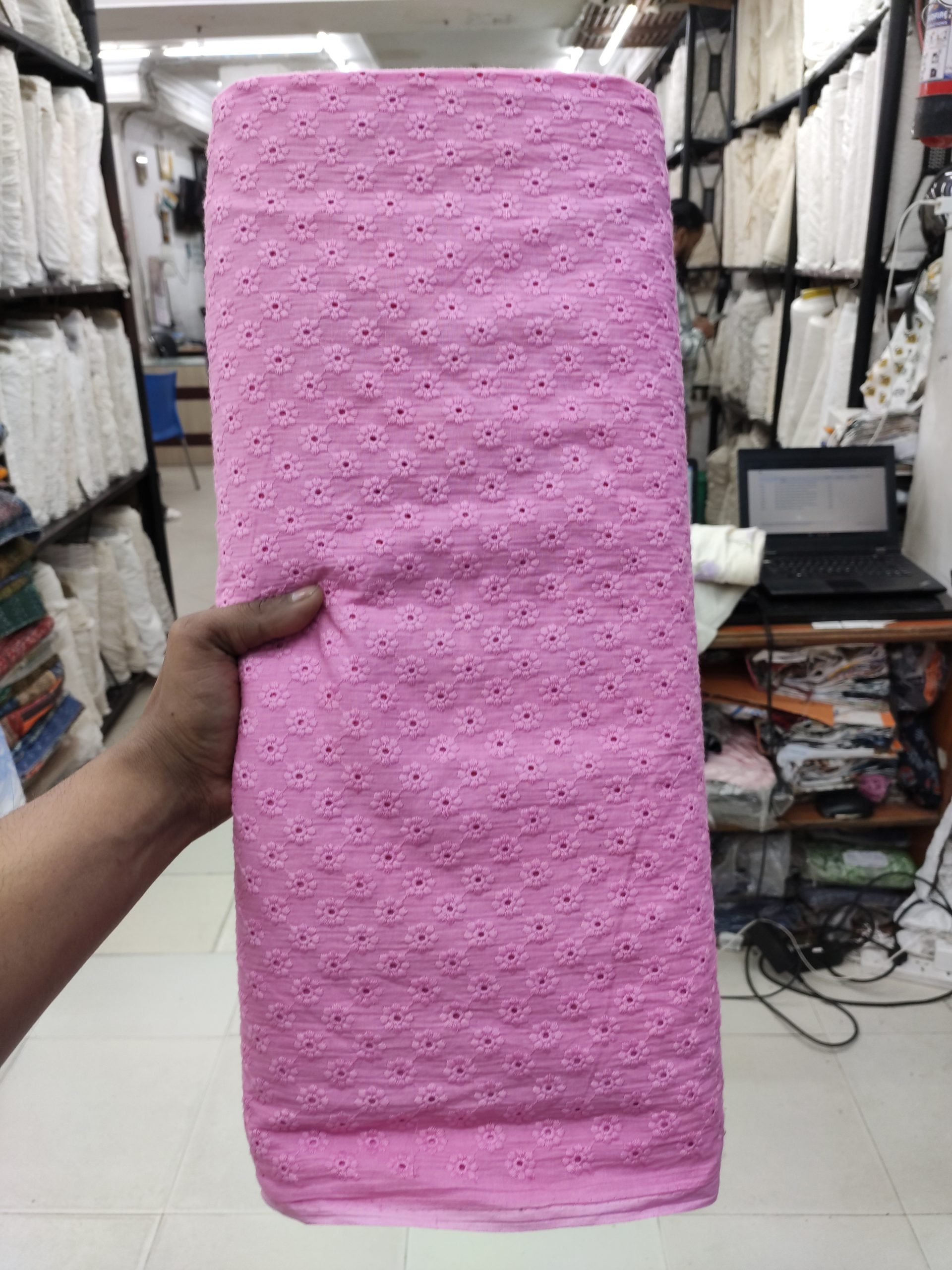 Pink Cotton Cambric Floral Schiffli Embroidery Fabric | Charu Creation - Image 2