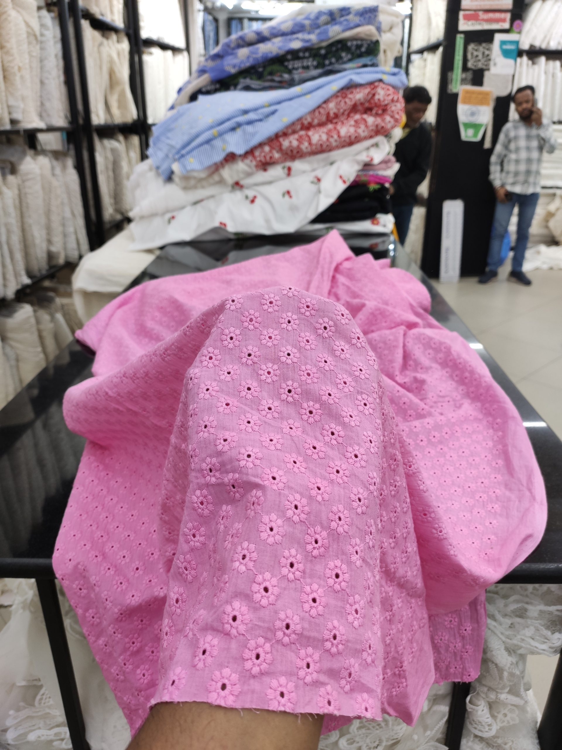 Pink Cotton Cambric Floral Schiffli Embroidery Fabric | Charu Creation