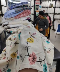 Greige Cotton Cambric with Multicolor Floral Embroidery | Charu Creation