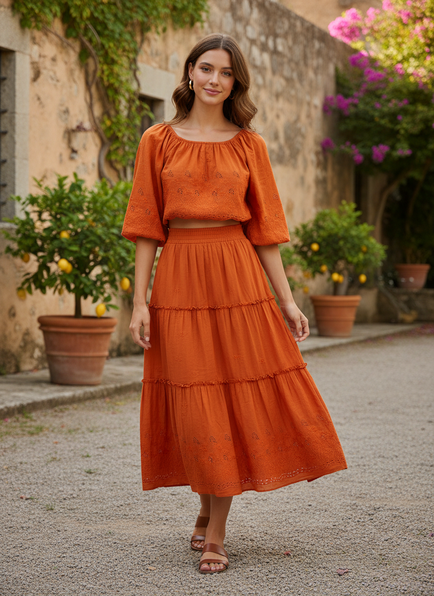 Rust Color Cotton Fabric with Tonal Floral Border Embroidery | Charu Creation - Image 5