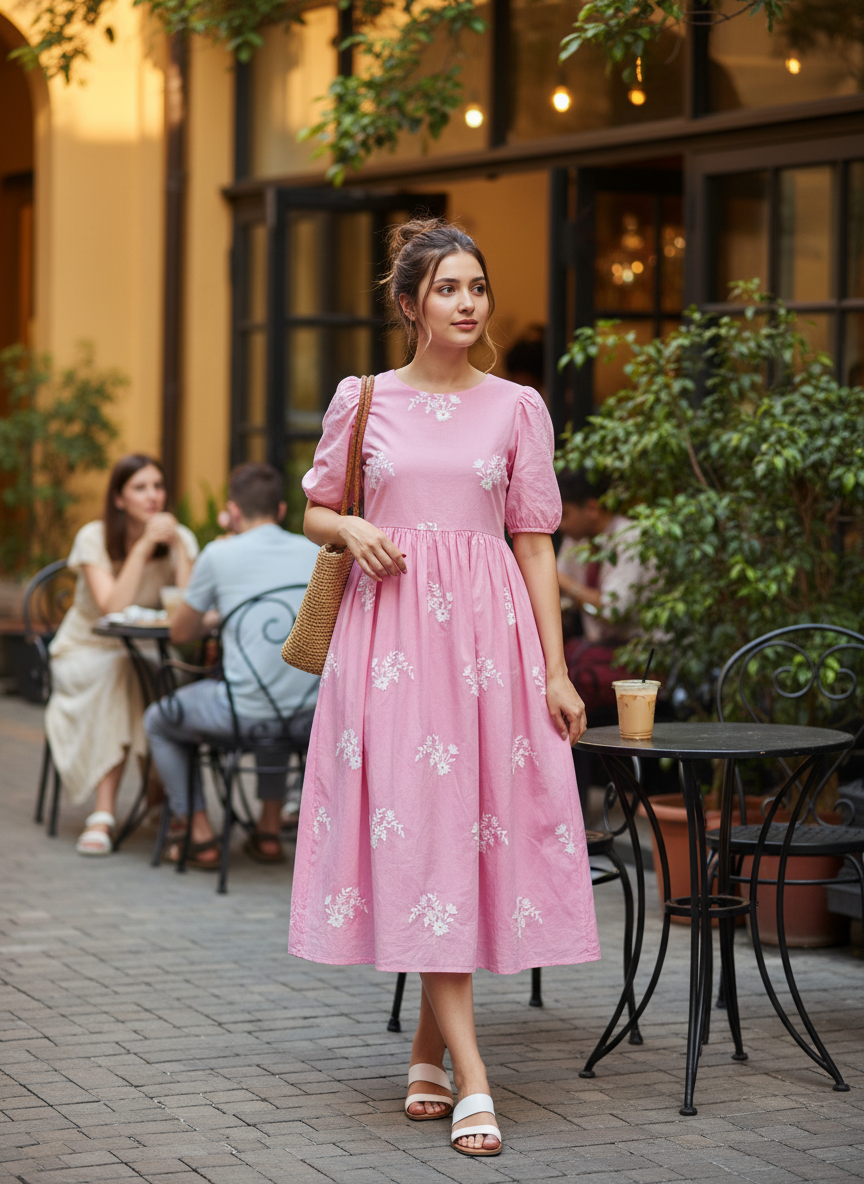 Pink Cotton Chambray with White Floral Embroidery | Charu Creation - Image 5