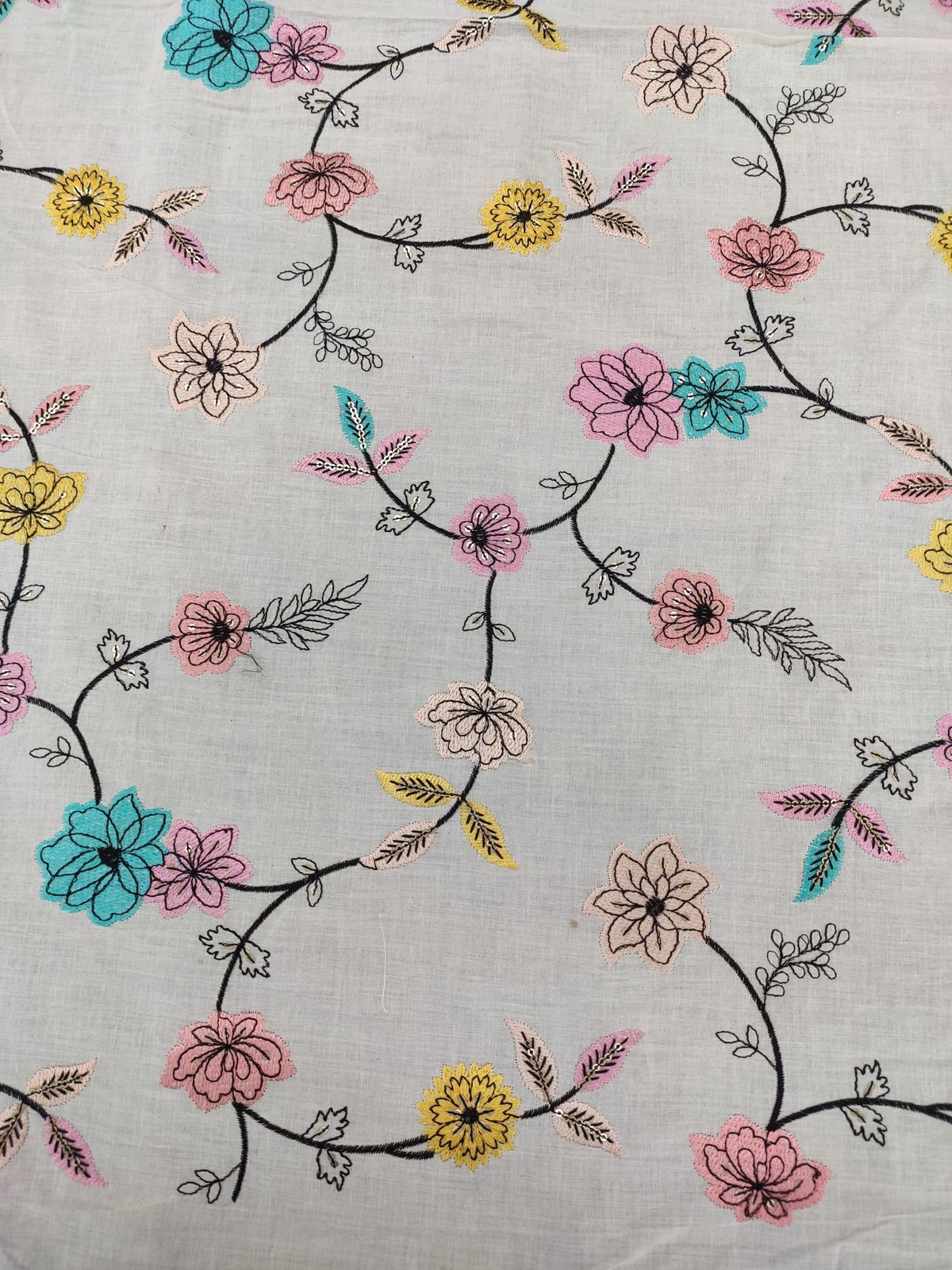 Greige Cotton Cambric with Multicolor Floral Embroidery