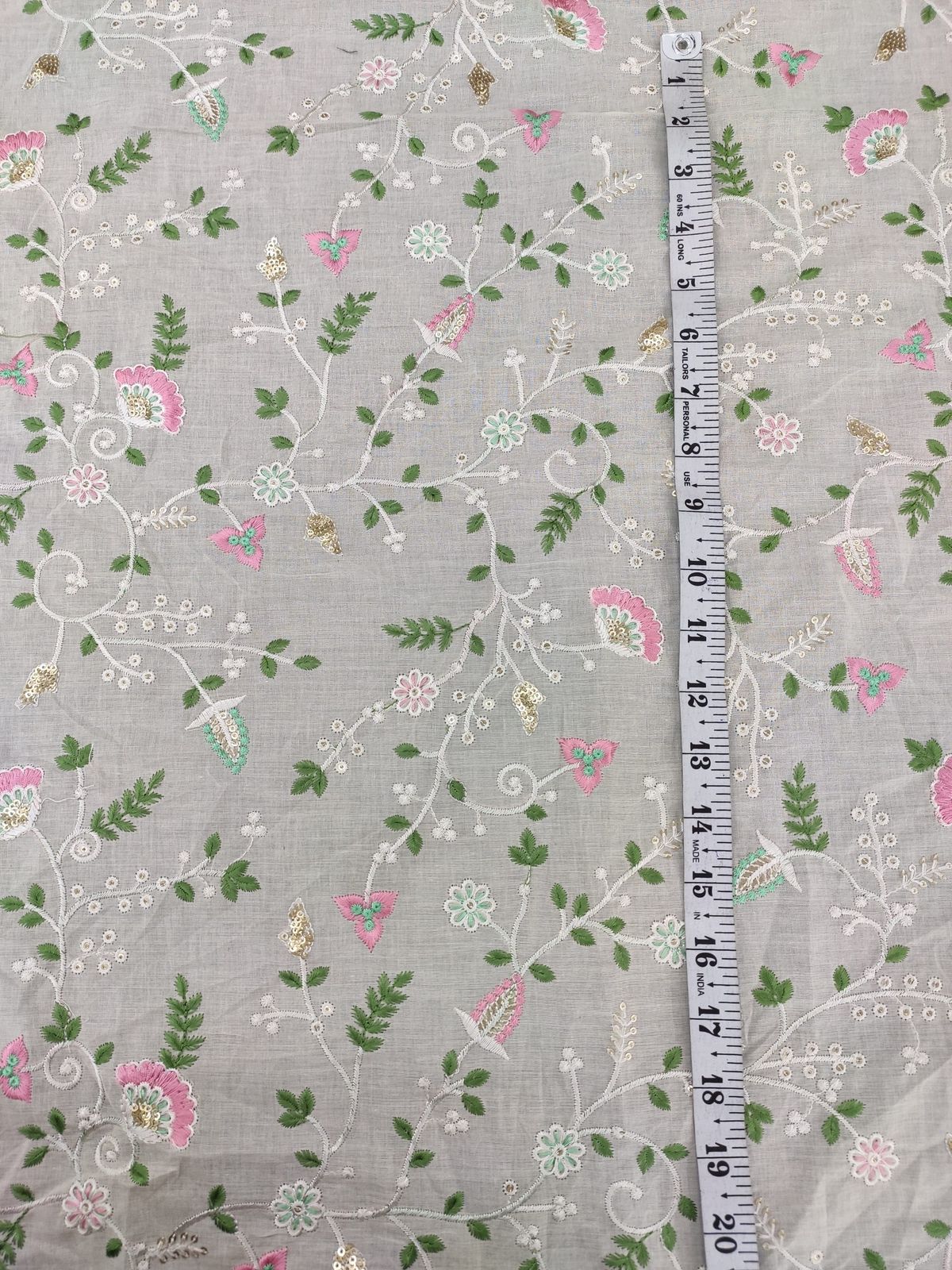 Greige Cotton Cambric with Sequin Floral Embroidery