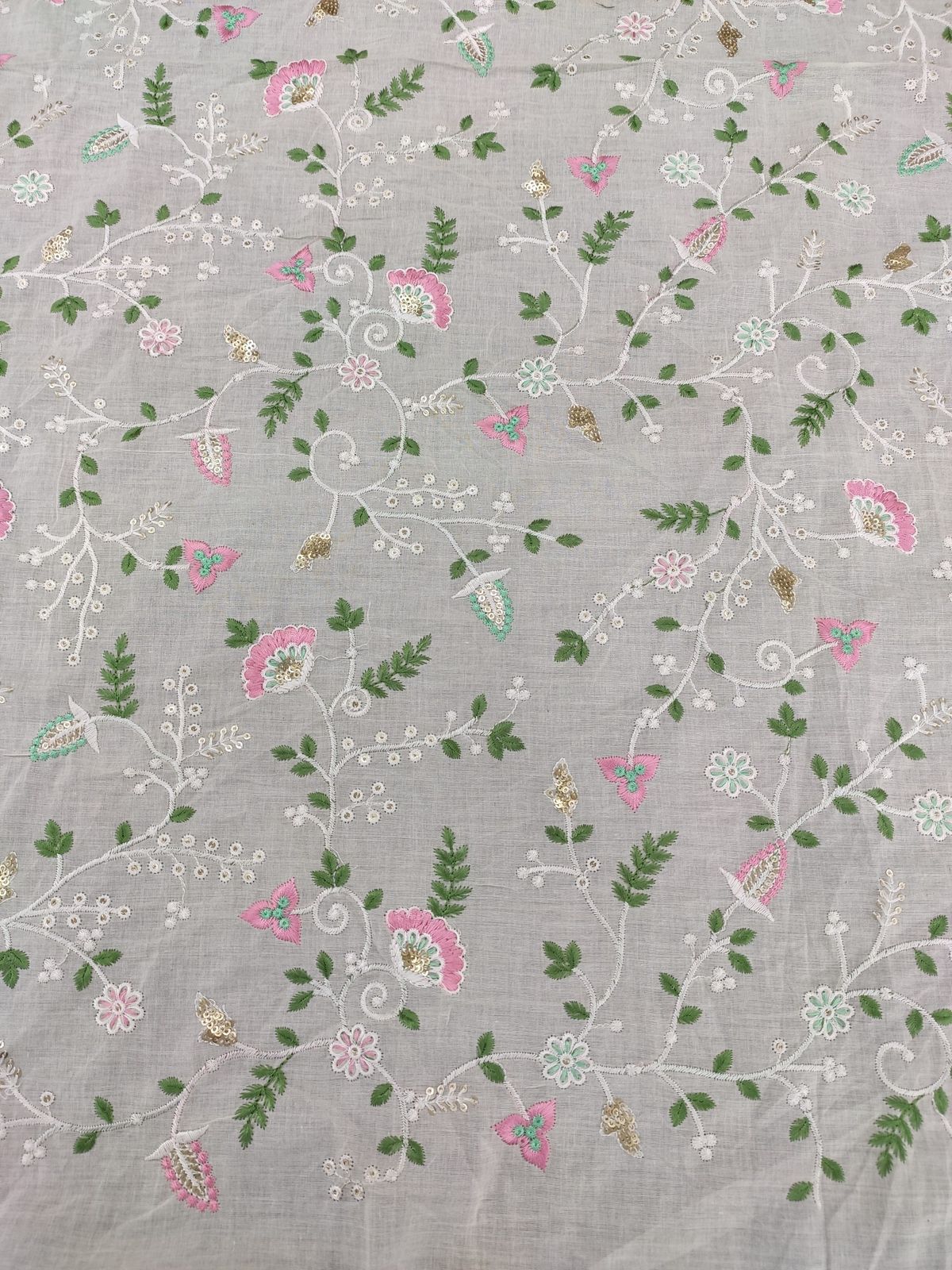 Greige Cotton Cambric with Sequin Floral Embroidery