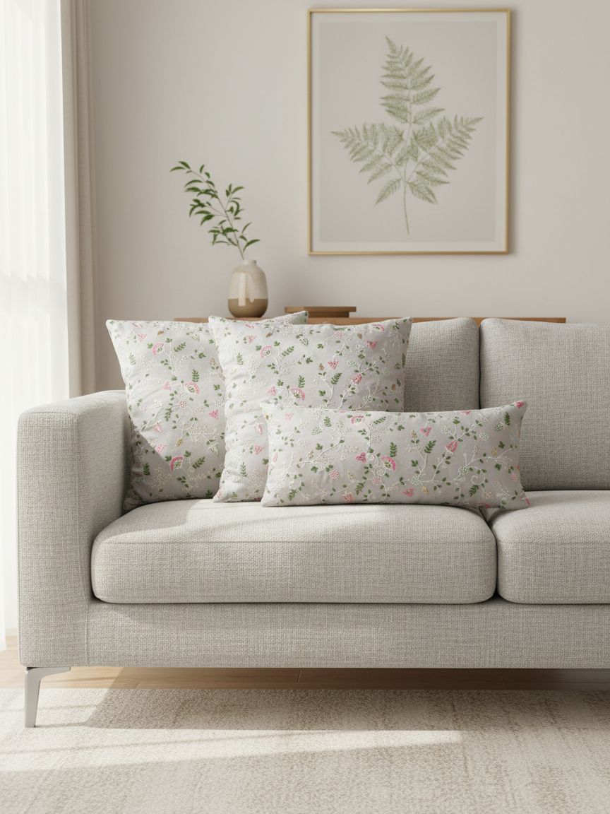 Greige Cotton Cambric with Sequin Floral Embroidery