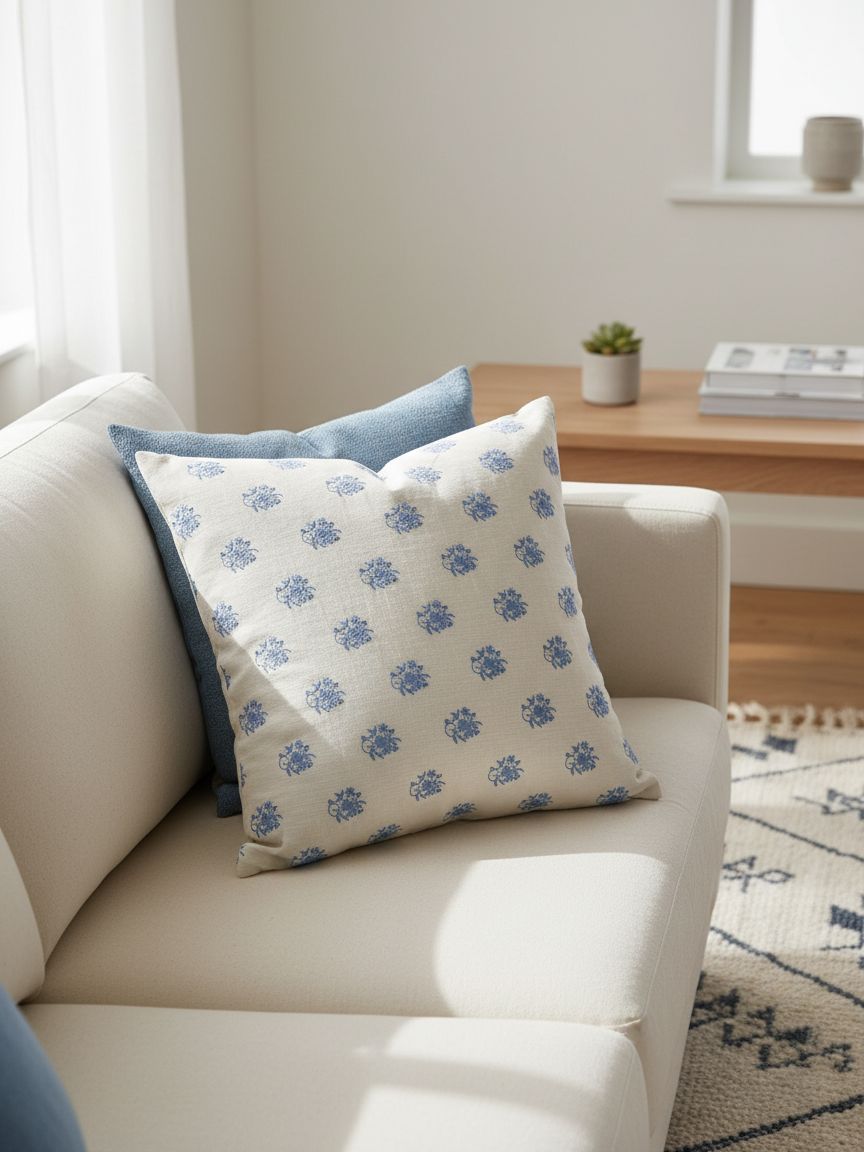 White Cotton Cambric with Blue Floral Embroidery