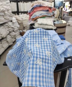 Blue Cotton Checks Fabric with Bow Embroidery | Charu Creation