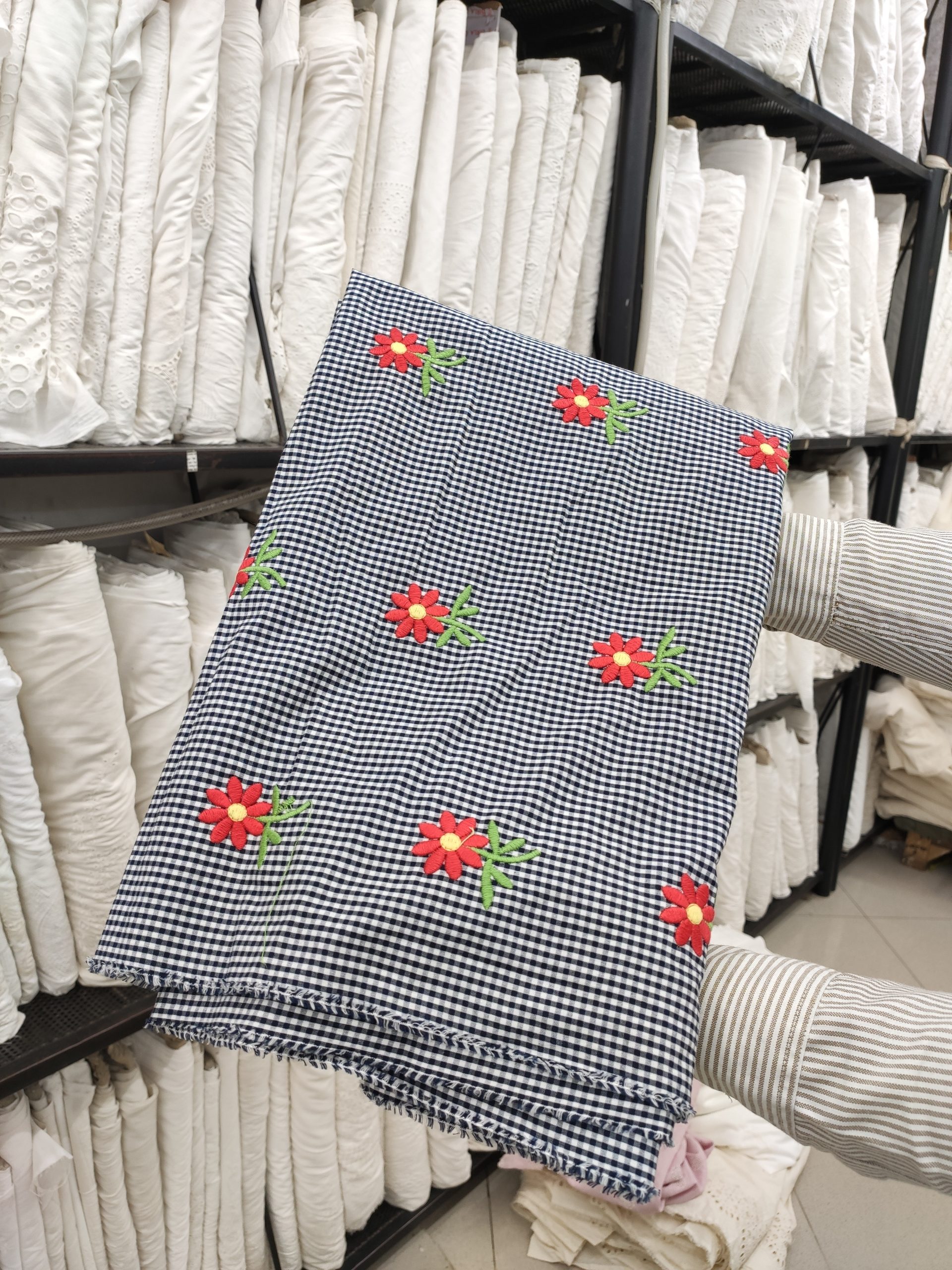 Navy Blue Cotton Checks Fabric with Floral Embroidery | Charu Creation - Image 2