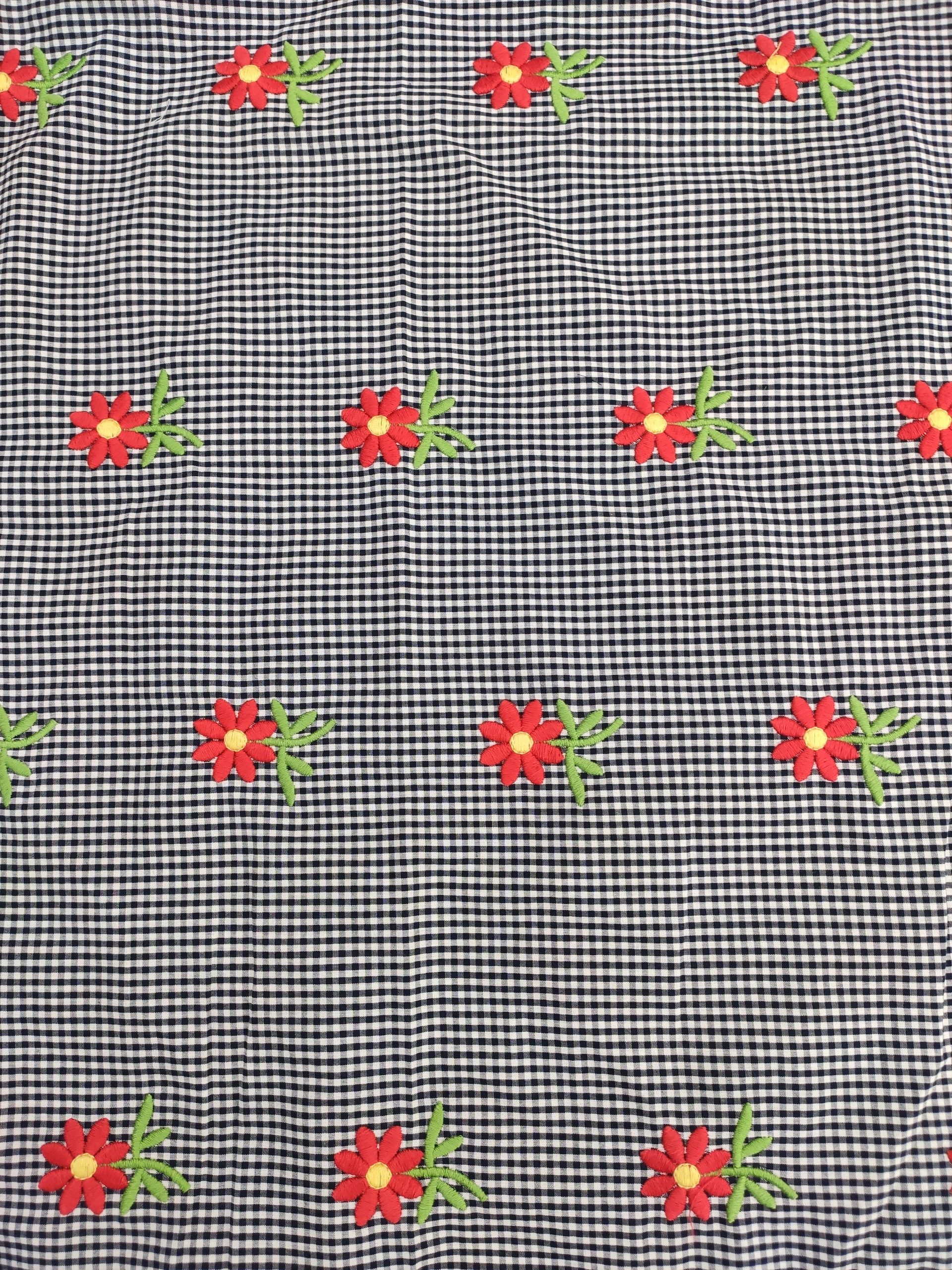 Navy Blue Cotton Checks Fabric with Floral Embroidery | Charu Creation - Image 4