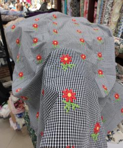 Navy Blue Cotton Checks Fabric with Floral Embroidery | Charu Creation