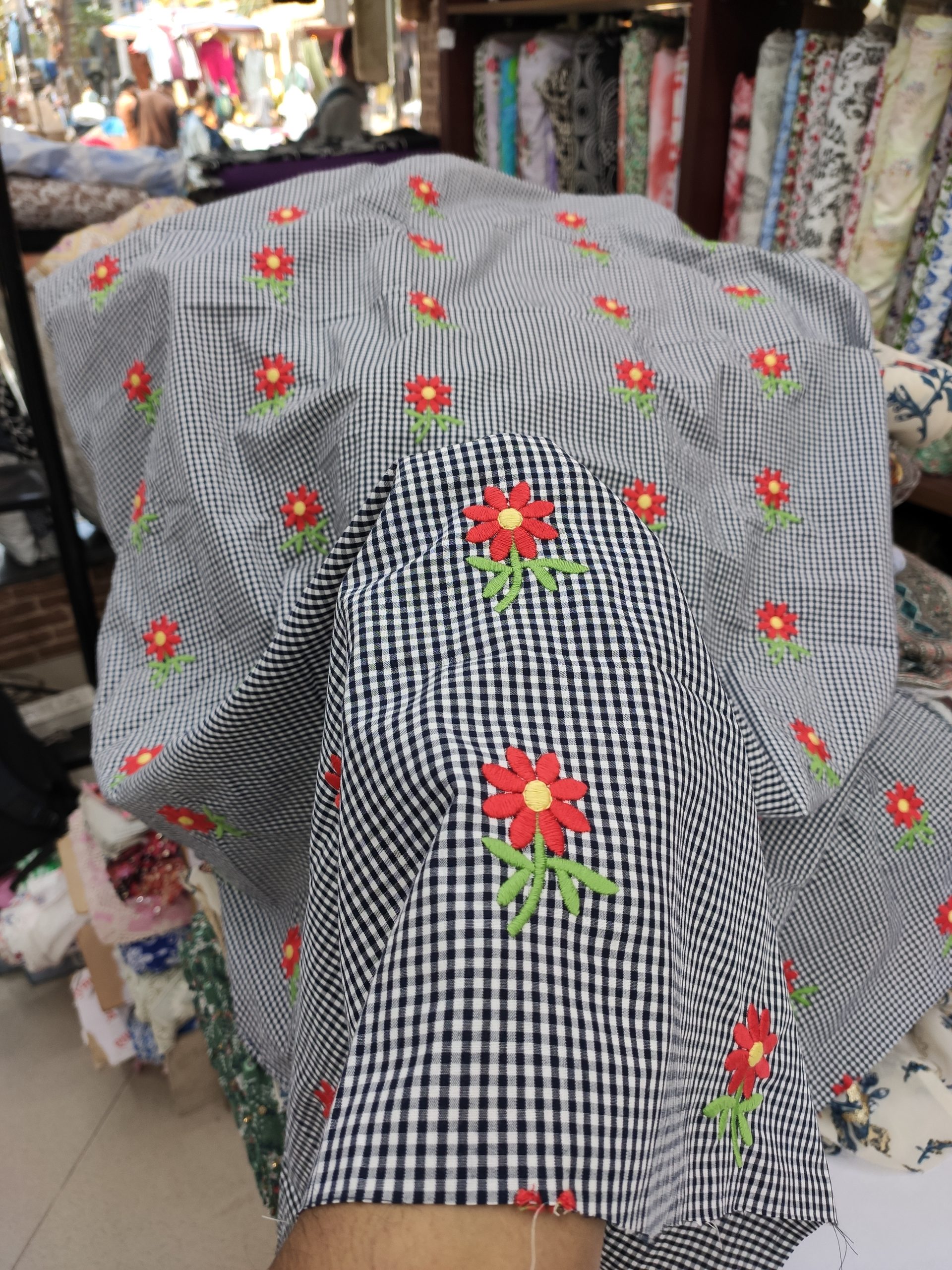 Navy Blue Cotton Checks Fabric with Floral Embroidery | Charu Creation