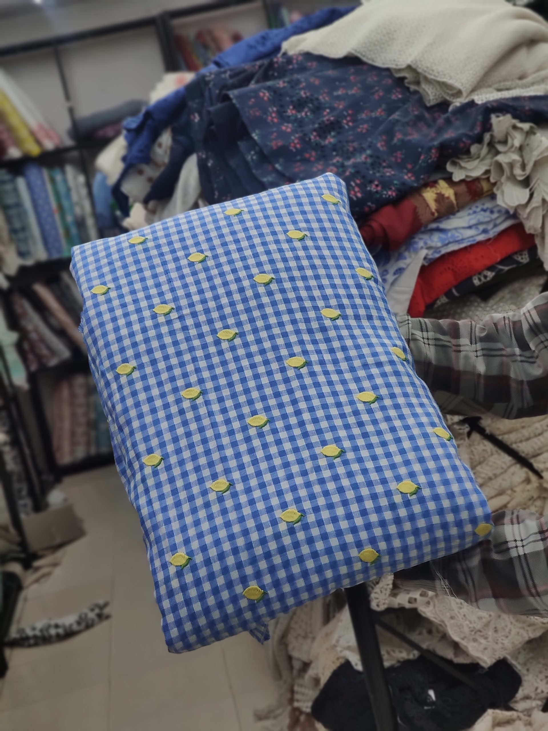 Blue Yarn Dyed Cotton Checks with Lemon Embroidery | Charu Creation - Image 2