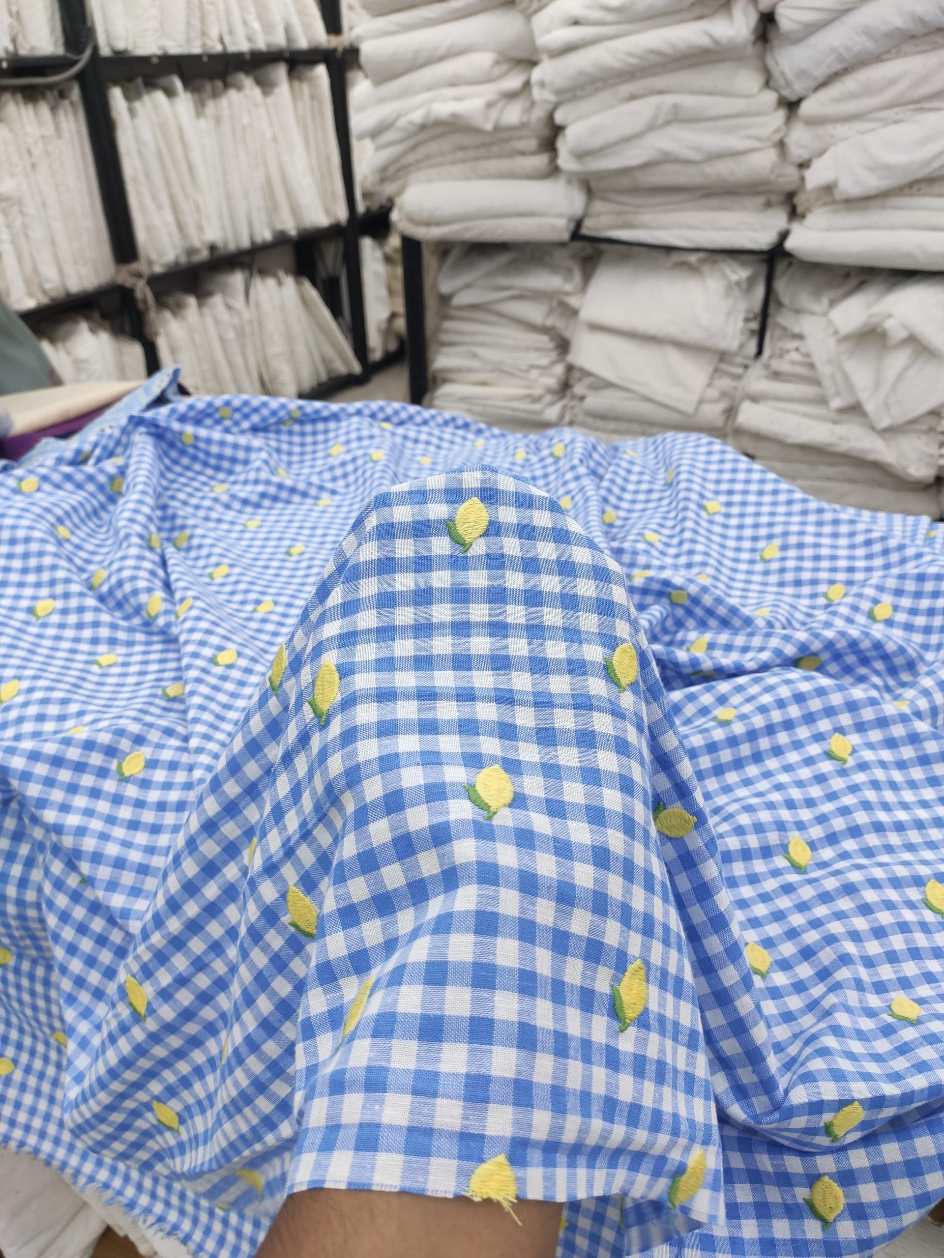 Blue Yarn Dyed Cotton Checks with Lemon Embroidery | Charu Creation