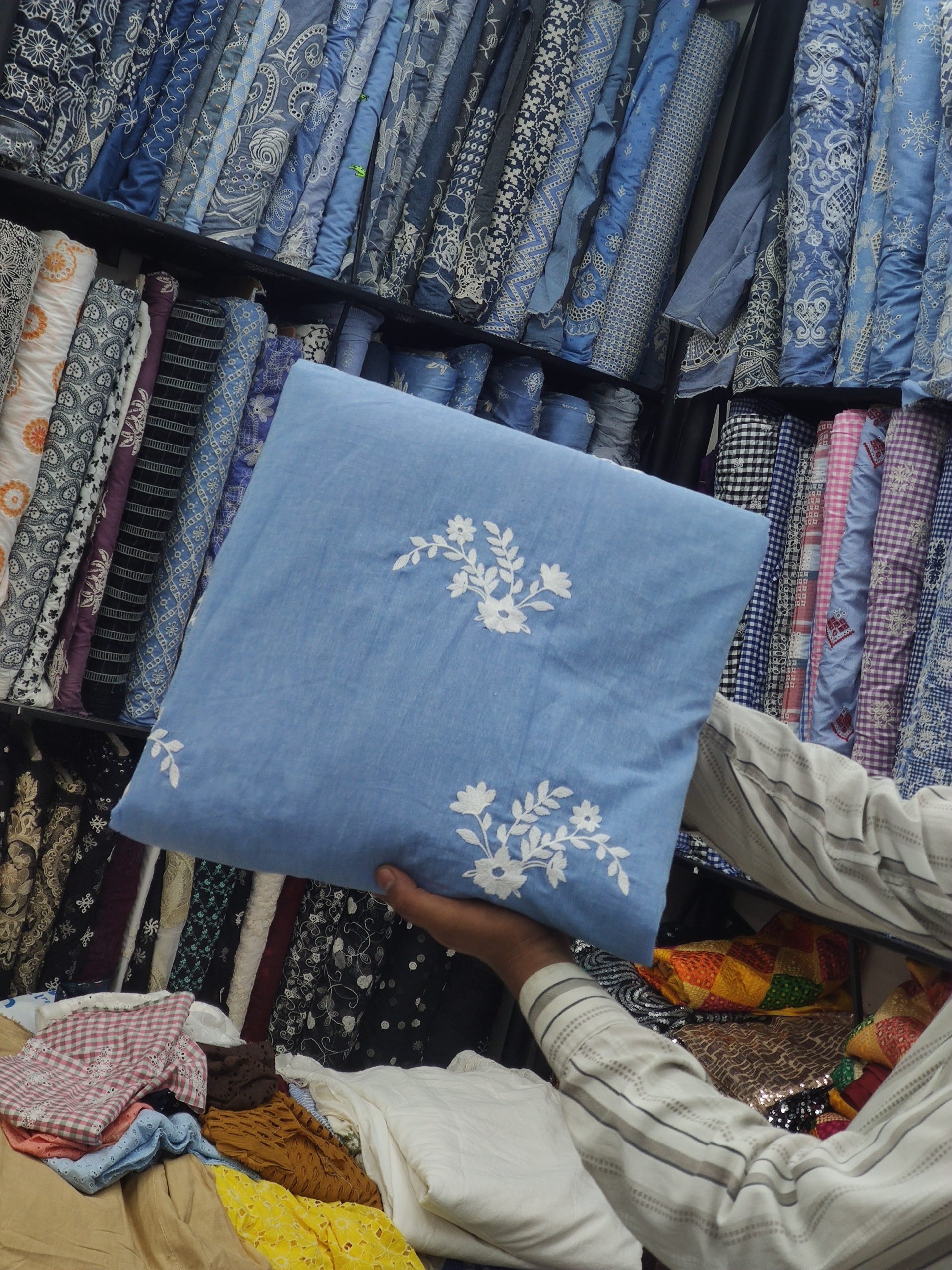 Blue Cotton Chambray with Floral Embroidery | Charu Creation - Image 2
