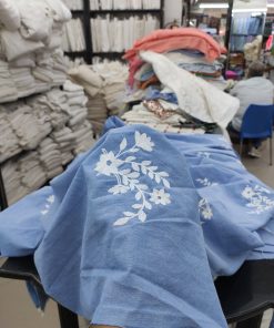 Blue Cotton Chambray with Floral Embroidery | Charu Creation