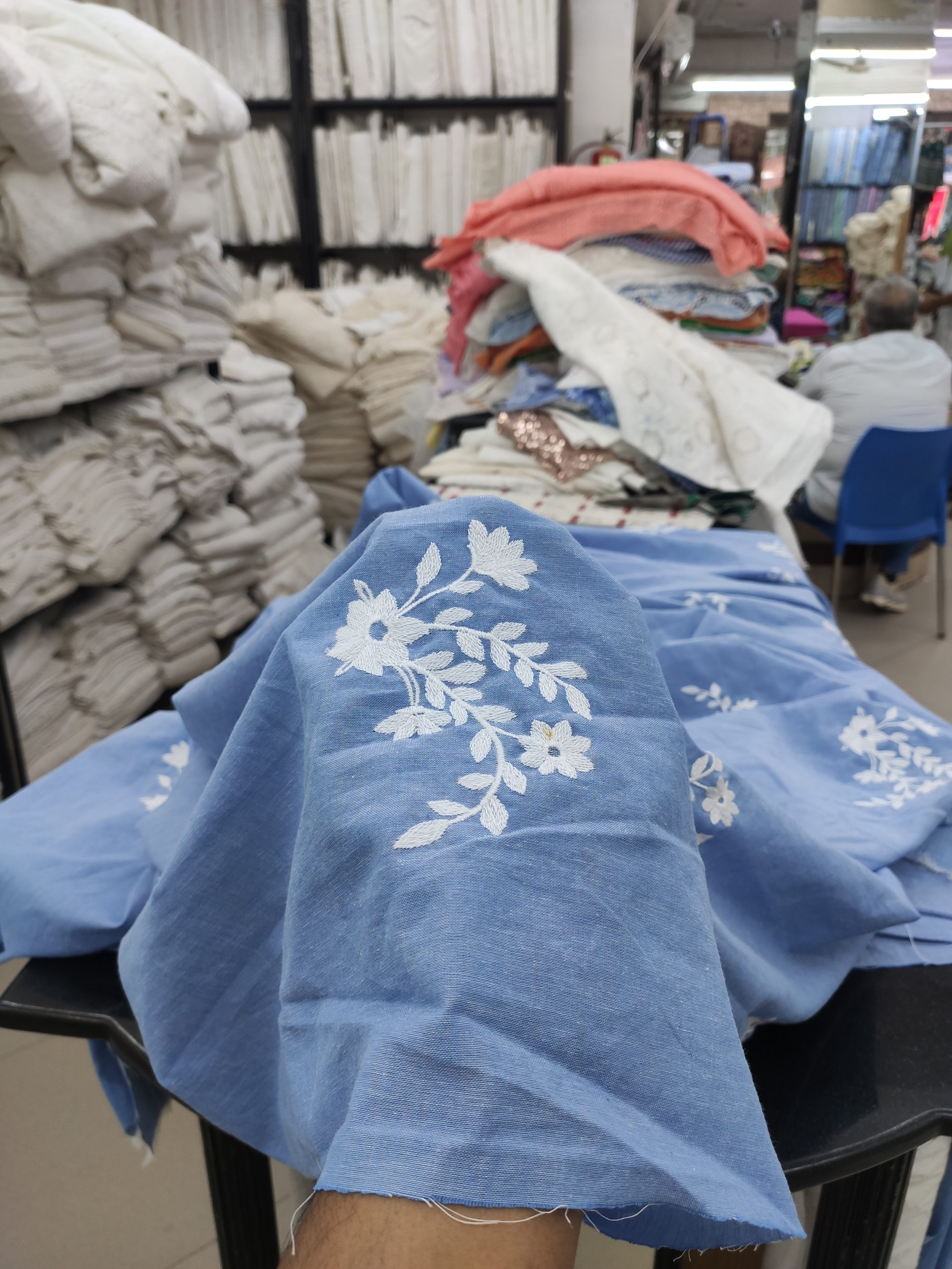 Blue Cotton Chambray with Floral Embroidery | Charu Creation