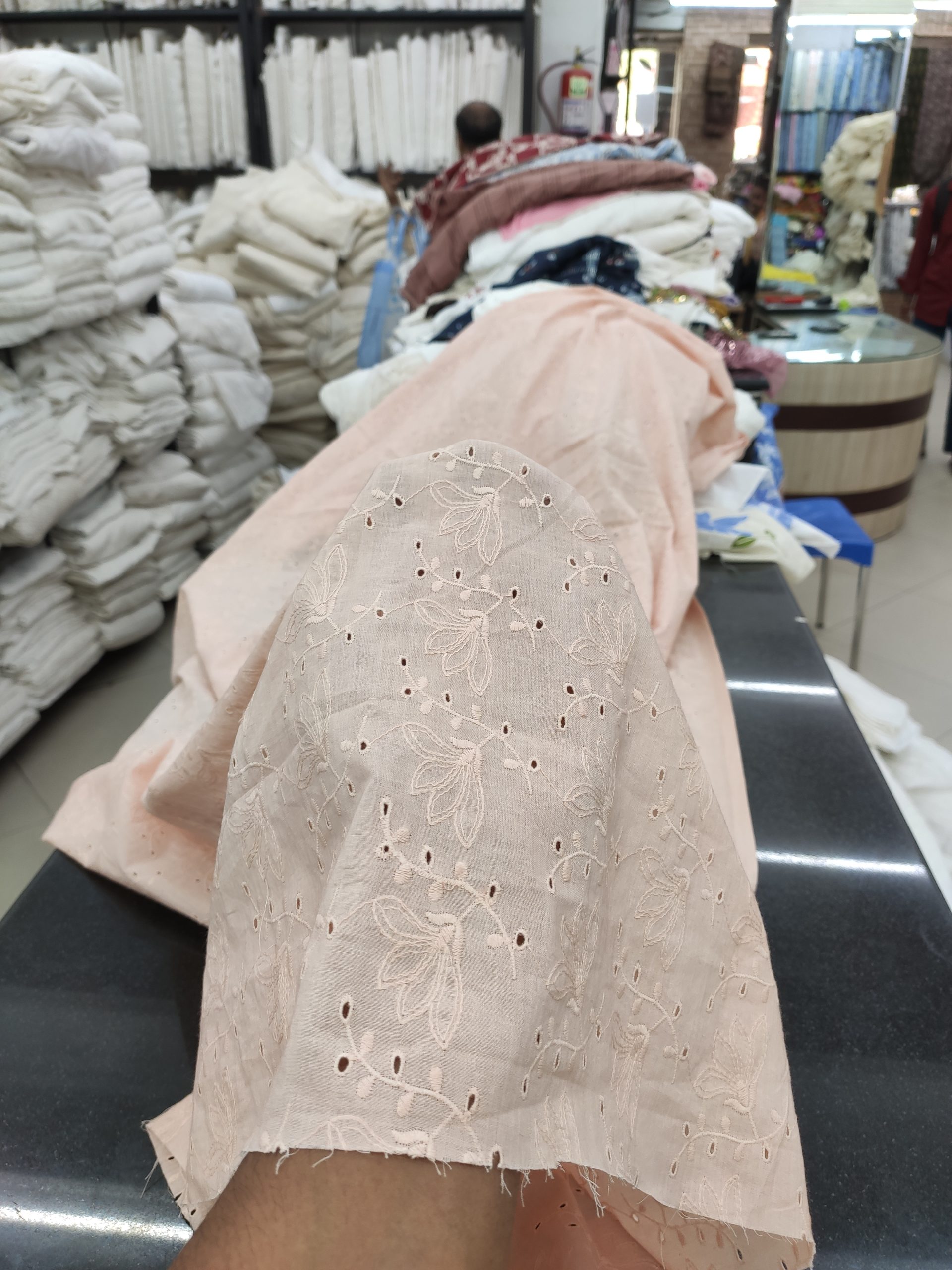 Peach Cotton Cambric Schiffli Embroidery | Charu Creation
