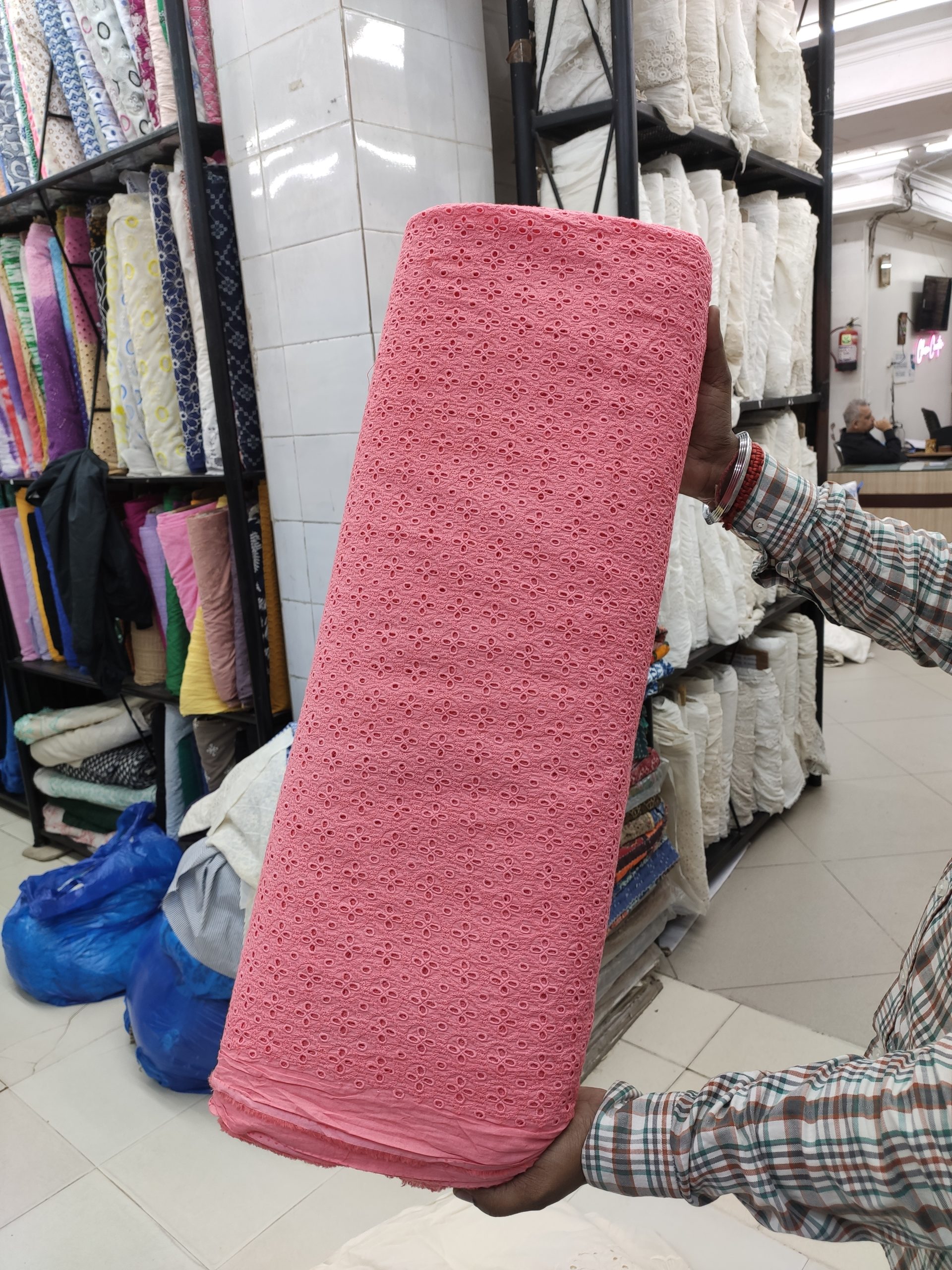 Rose Pink Cotton Cambric Eyelet Embroidery Fabric | Charu Creation - Image 2