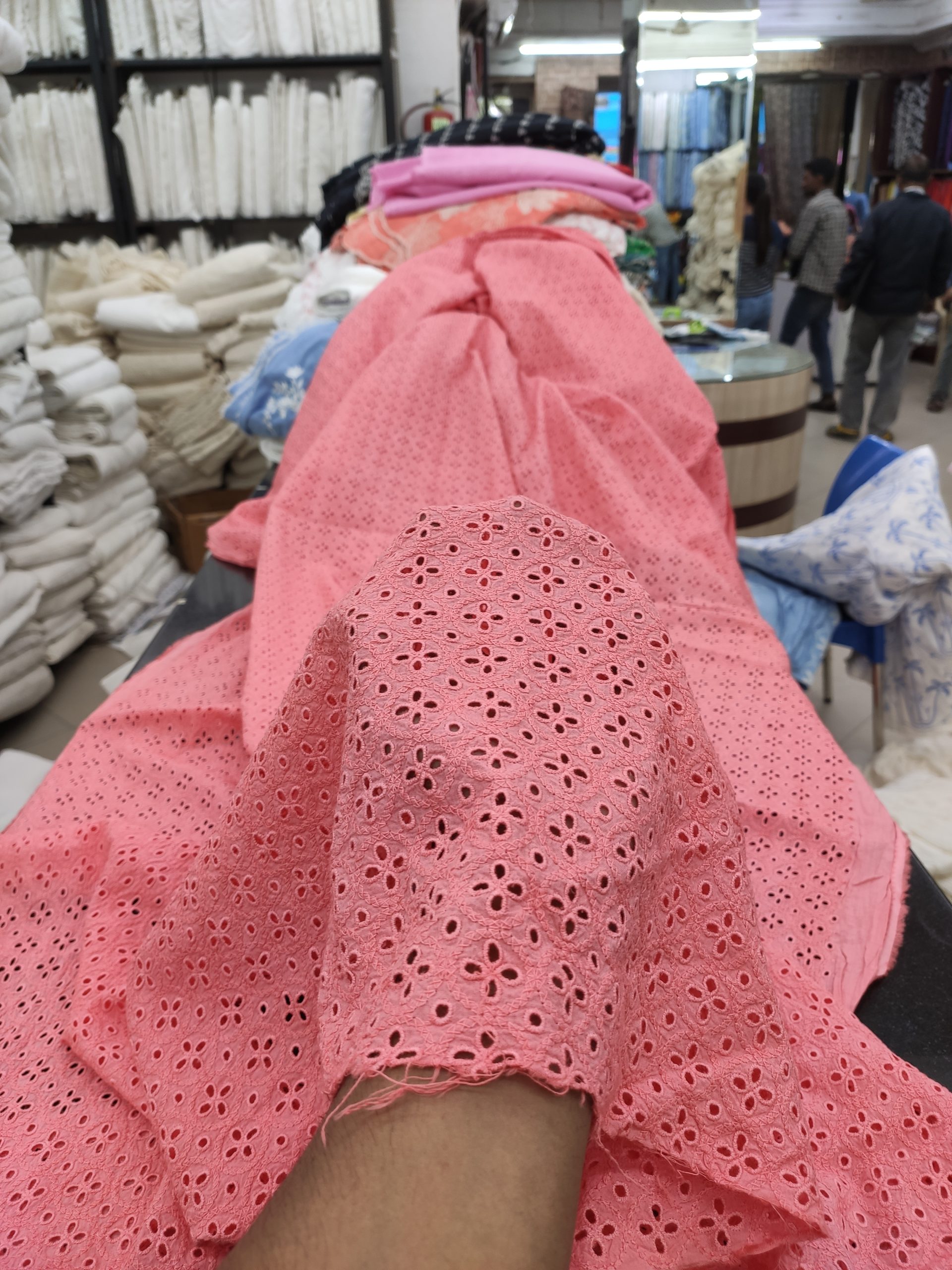 Rose Pink Cotton Cambric Eyelet Embroidery Fabric | Charu Creation