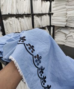Sky Blue Cotton Chambray with Embroidered Border | Charu Creation