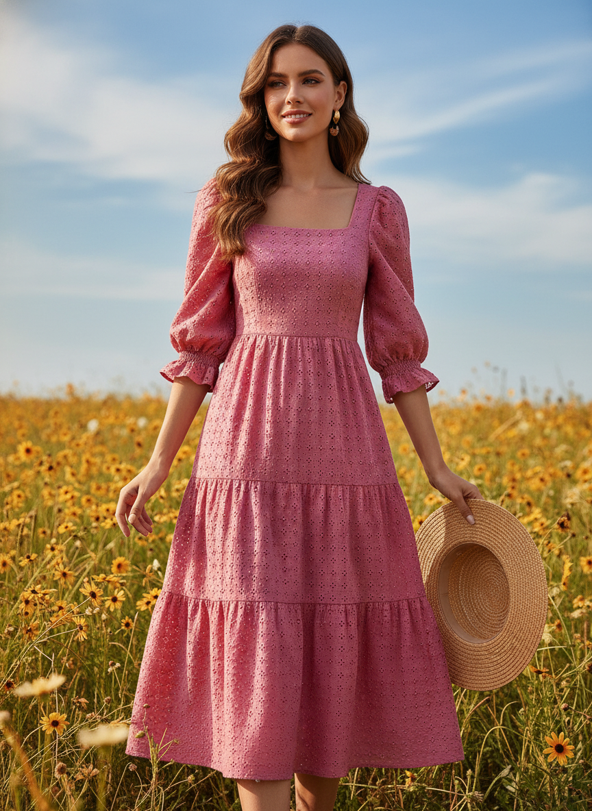 Rose Pink Cotton Cambric Eyelet Embroidery Fabric | Charu Creation - Image 5
