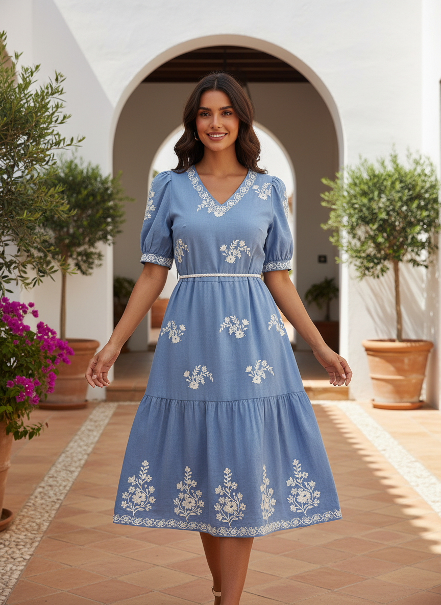 Blue Cotton Chambray with Floral Embroidery | Charu Creation - Image 5