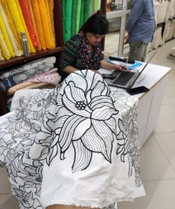 Off White Cotton Poplin with Black Floral Embroidery | Charu Creation
