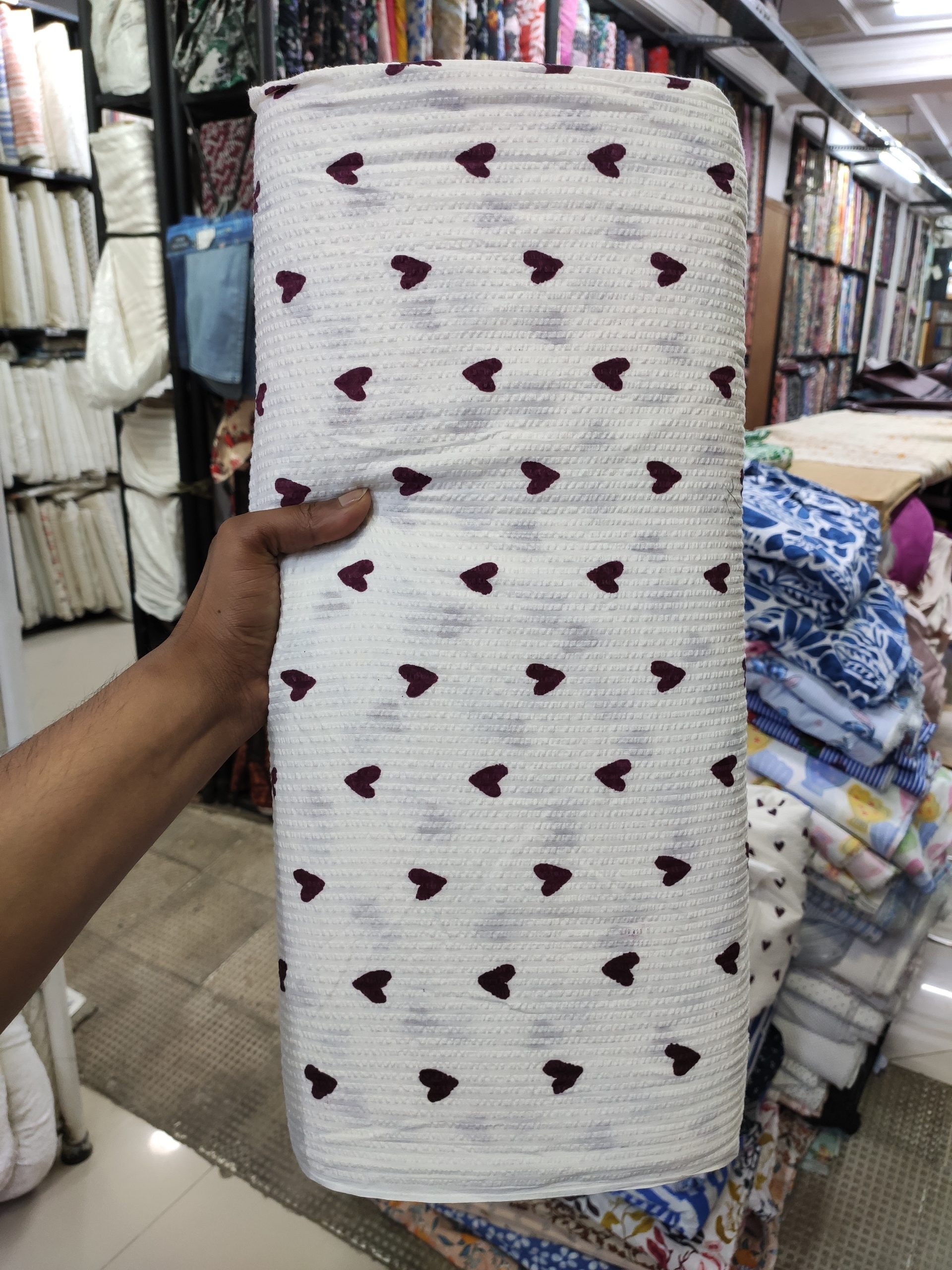 White Textured Cotton Fabric – Red Heart All Over Print - Image 2