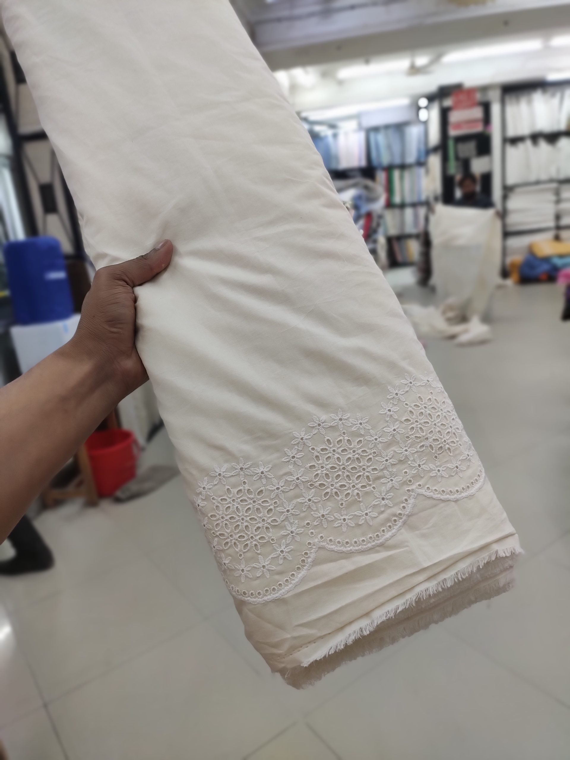White Cotton Cambric Fabric with Schiffli Border | Charu Creation - Image 2