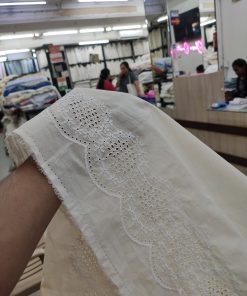 White Cotton Cambric Fabric with Schiffli Border | Charu Creation