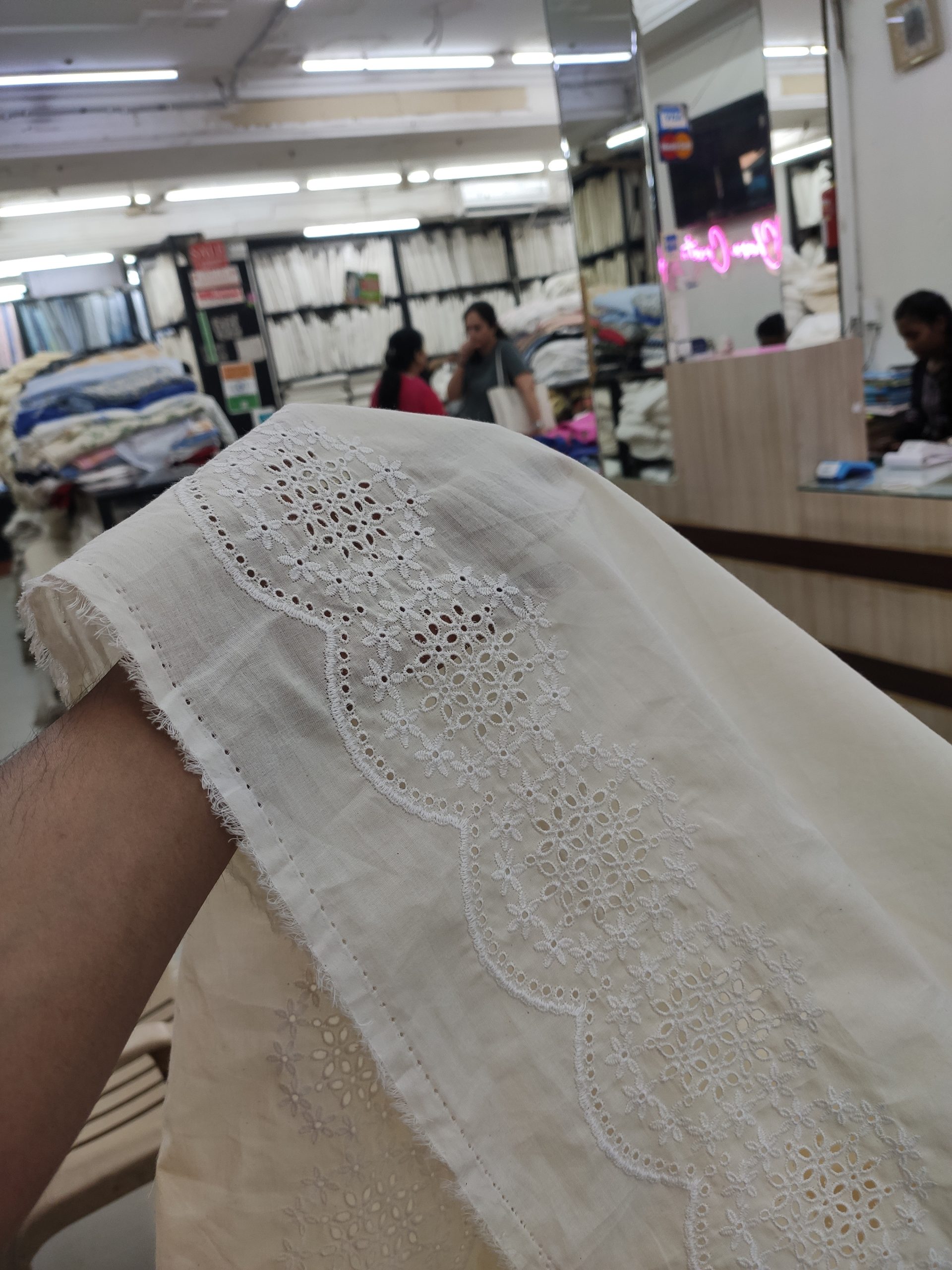 White Cotton Cambric Fabric with Schiffli Border | Charu Creation