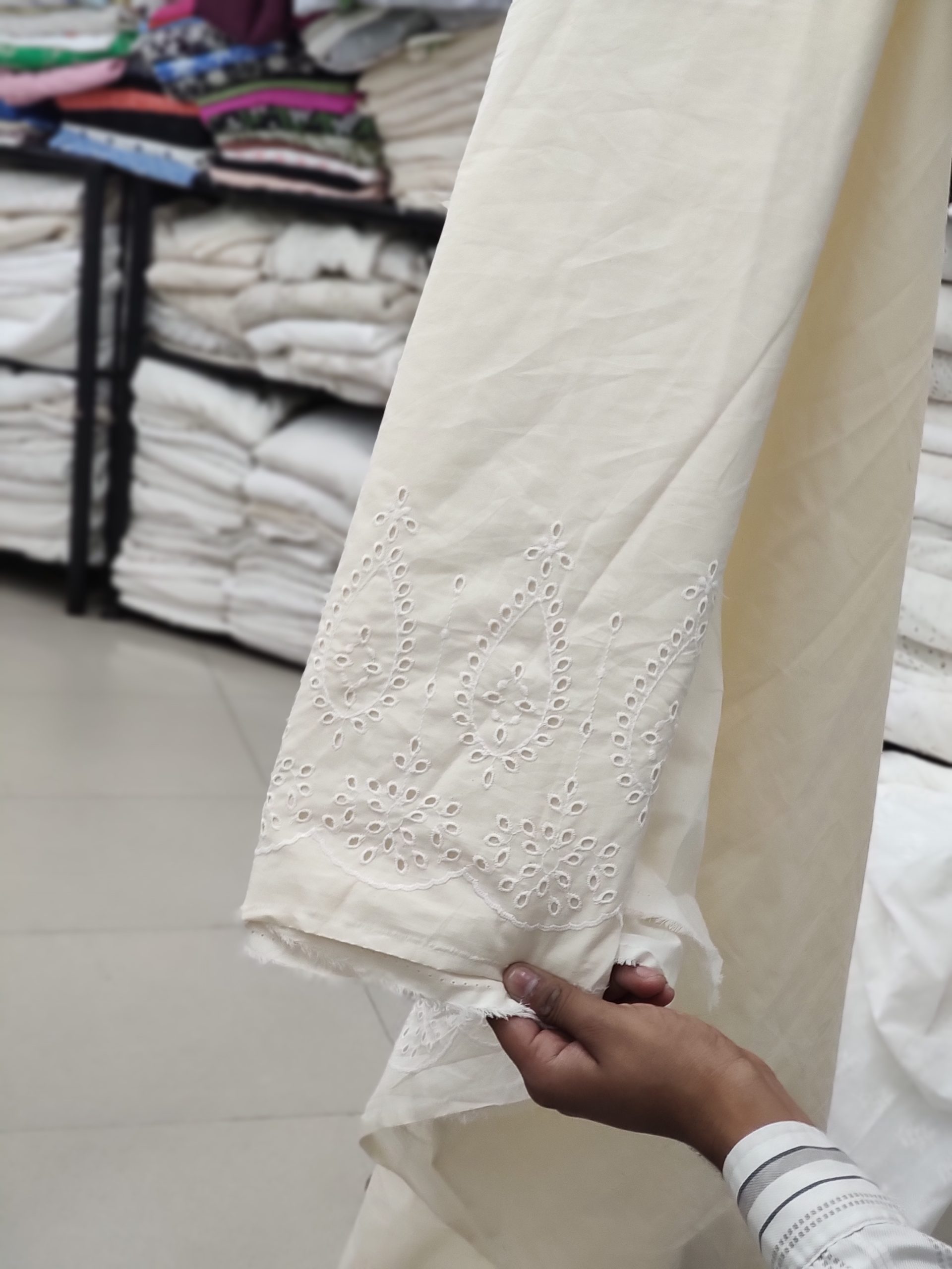 Off White Cotton Cambric Schiffli Border Fabric | Charu Creation - Image 2