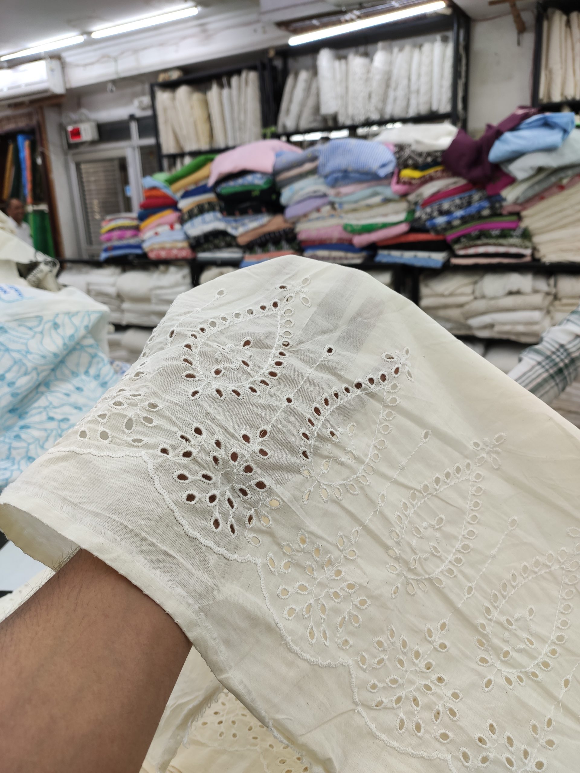 Off White Cotton Cambric Schiffli Border Fabric | Charu Creation