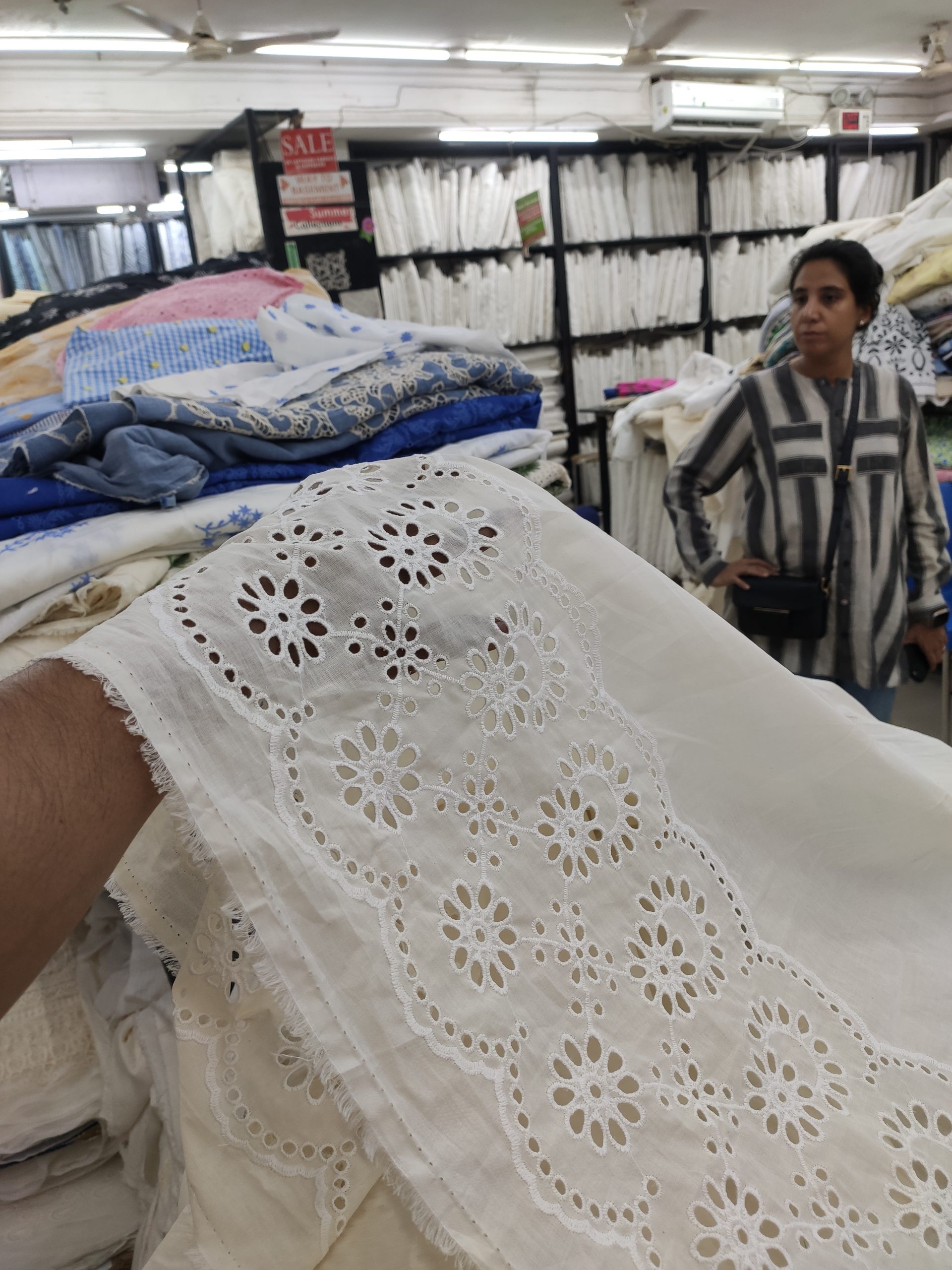 White Cotton Cambric with Floral Eyelet Embroidery | Charu Creation