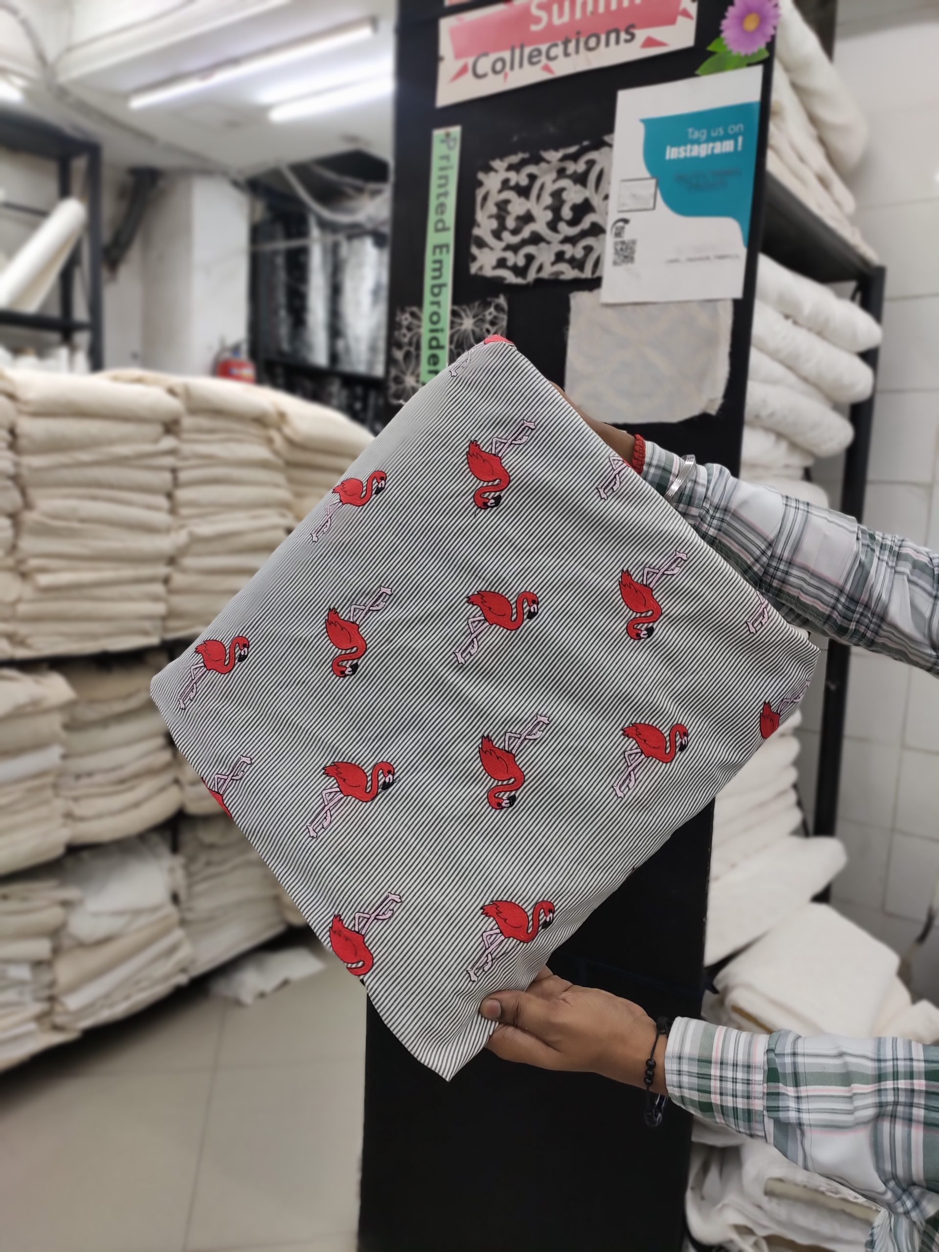 Grey Yarn Dyed Cotton with Flamingo Embroidery | Charu Creation - Image 2