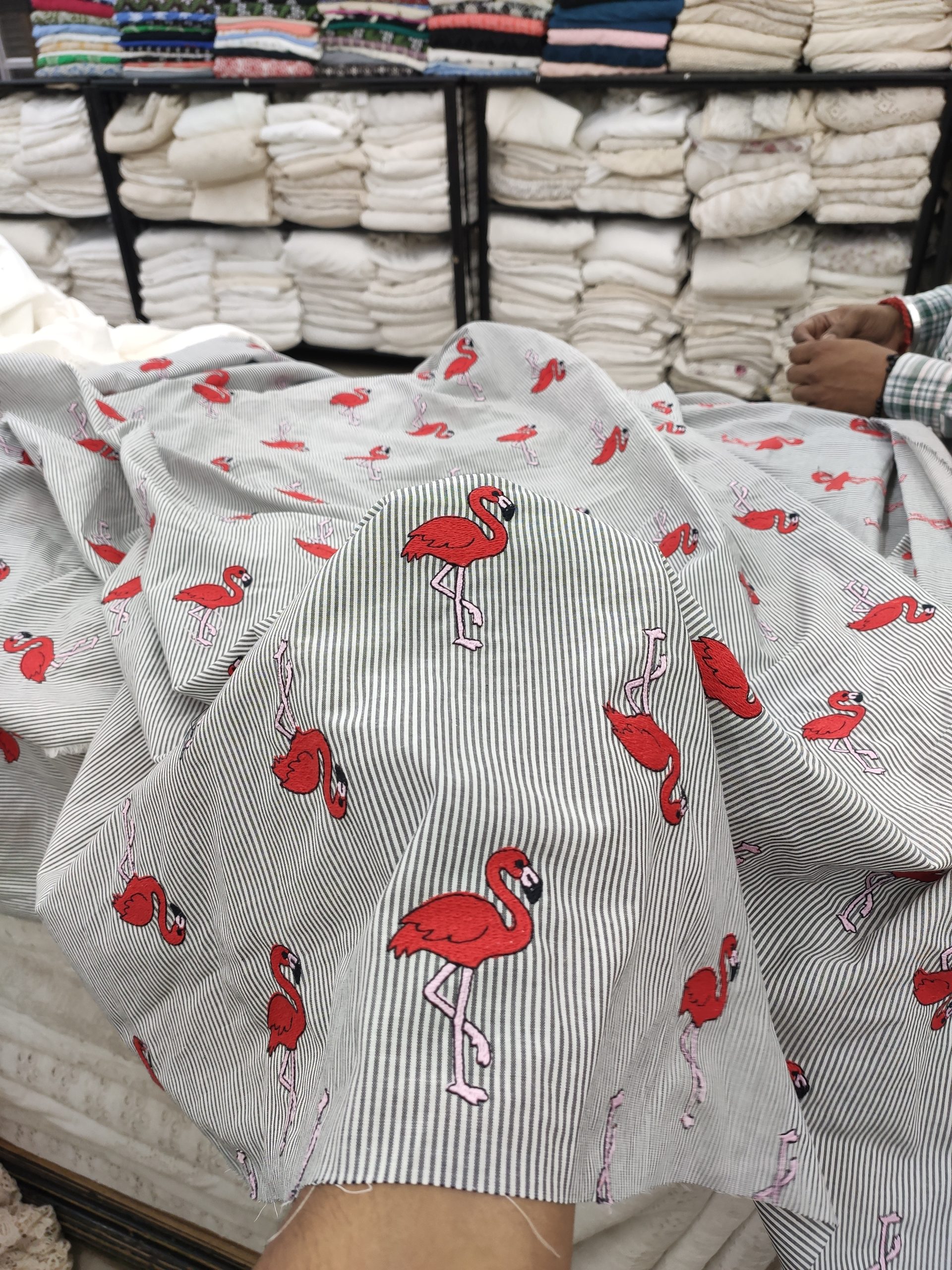 Grey Yarn Dyed Cotton with Flamingo Embroidery | Charu Creation