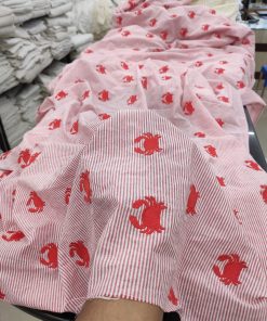 Red Striped Cotton Fabric with Crab Embroidery | Charu Creation