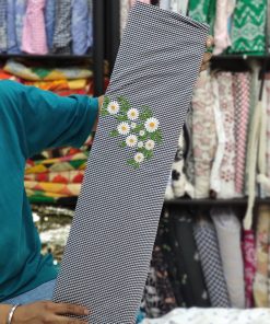 Navy Cotton Gingham Fabric with Daisy Embroidery | Charu Creation