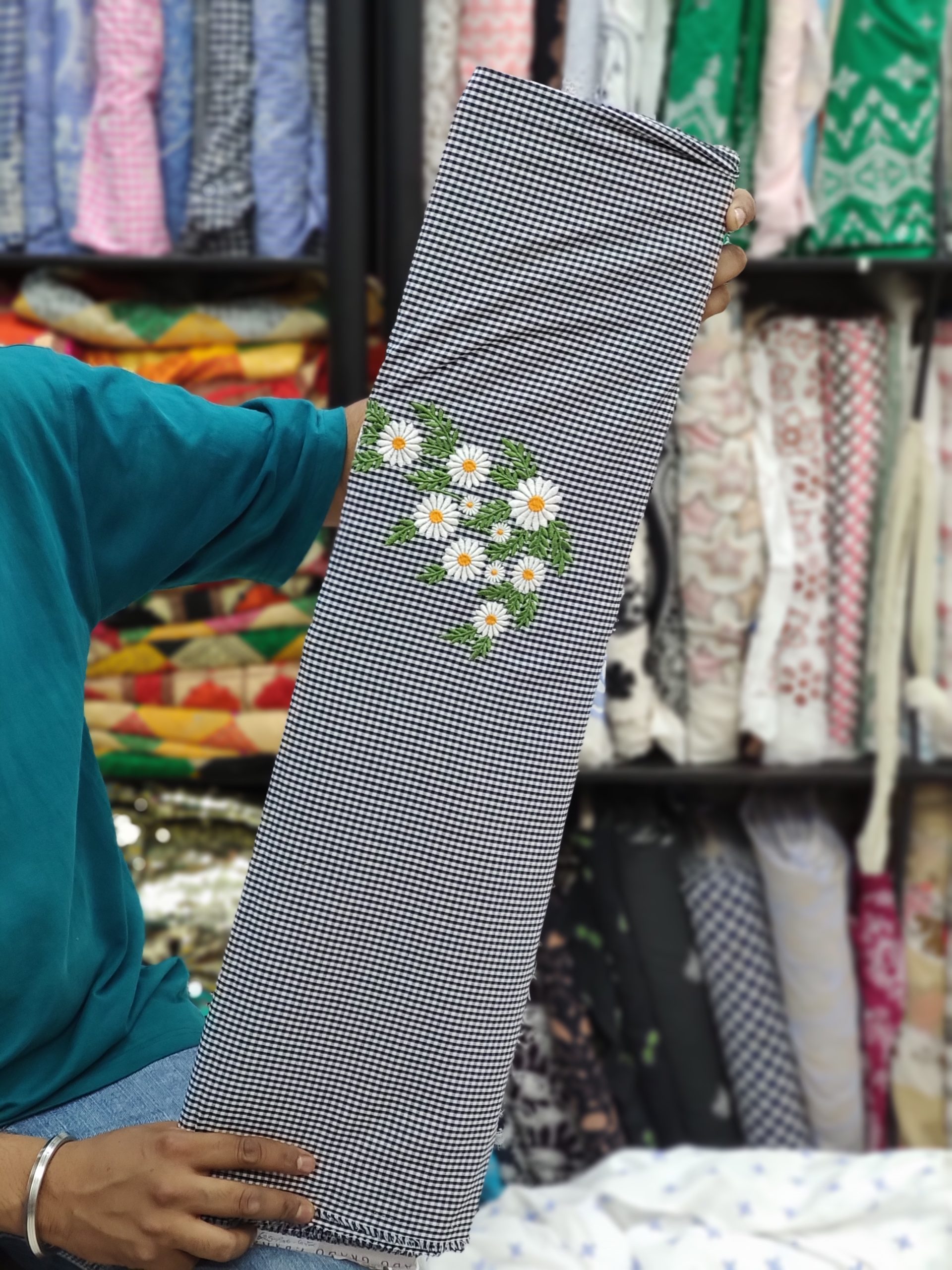 Navy Cotton Gingham Fabric with Daisy Embroidery | Charu Creation