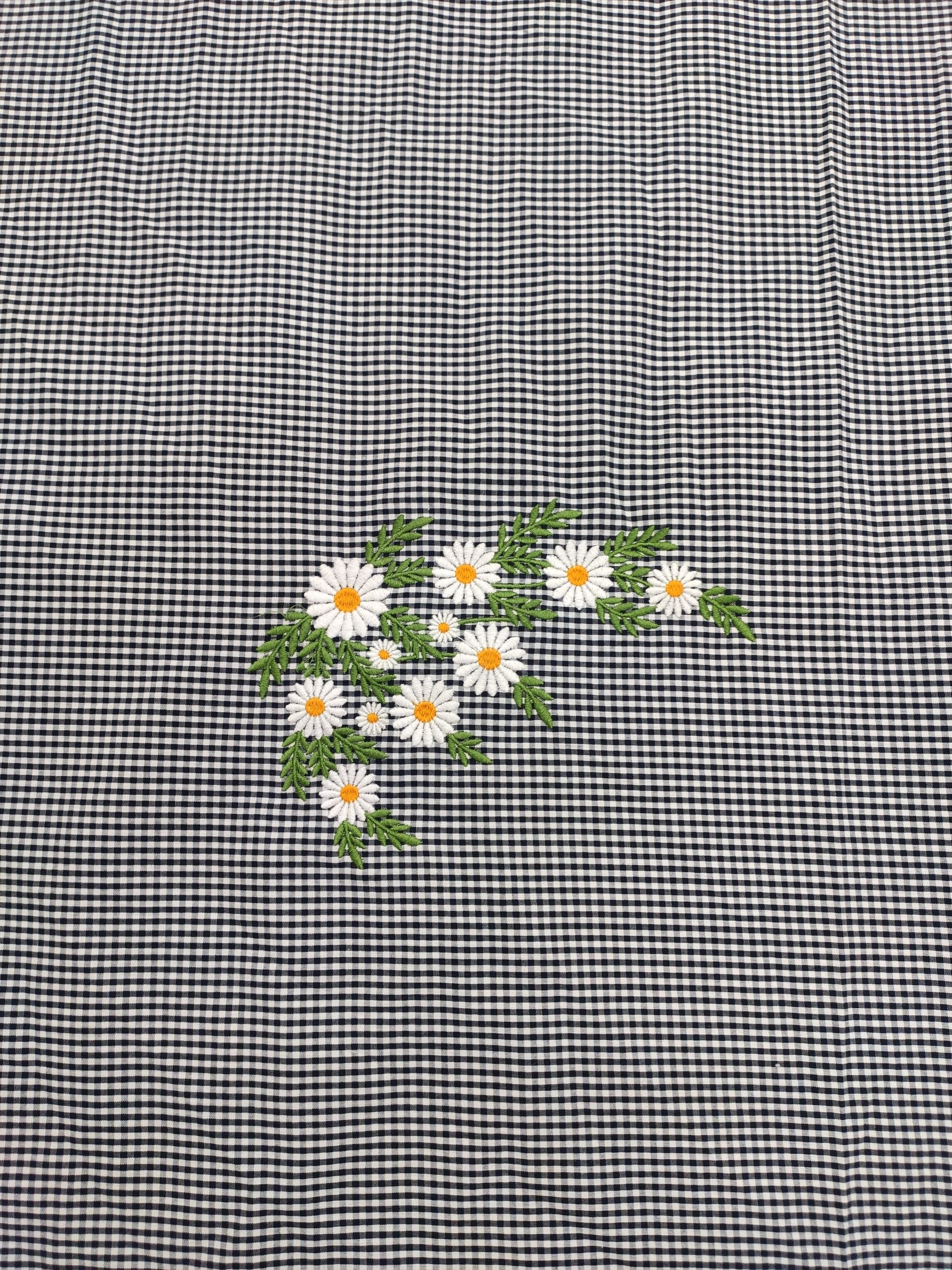 Navy Cotton Gingham Fabric with Daisy Embroidery | Charu Creation - Image 3