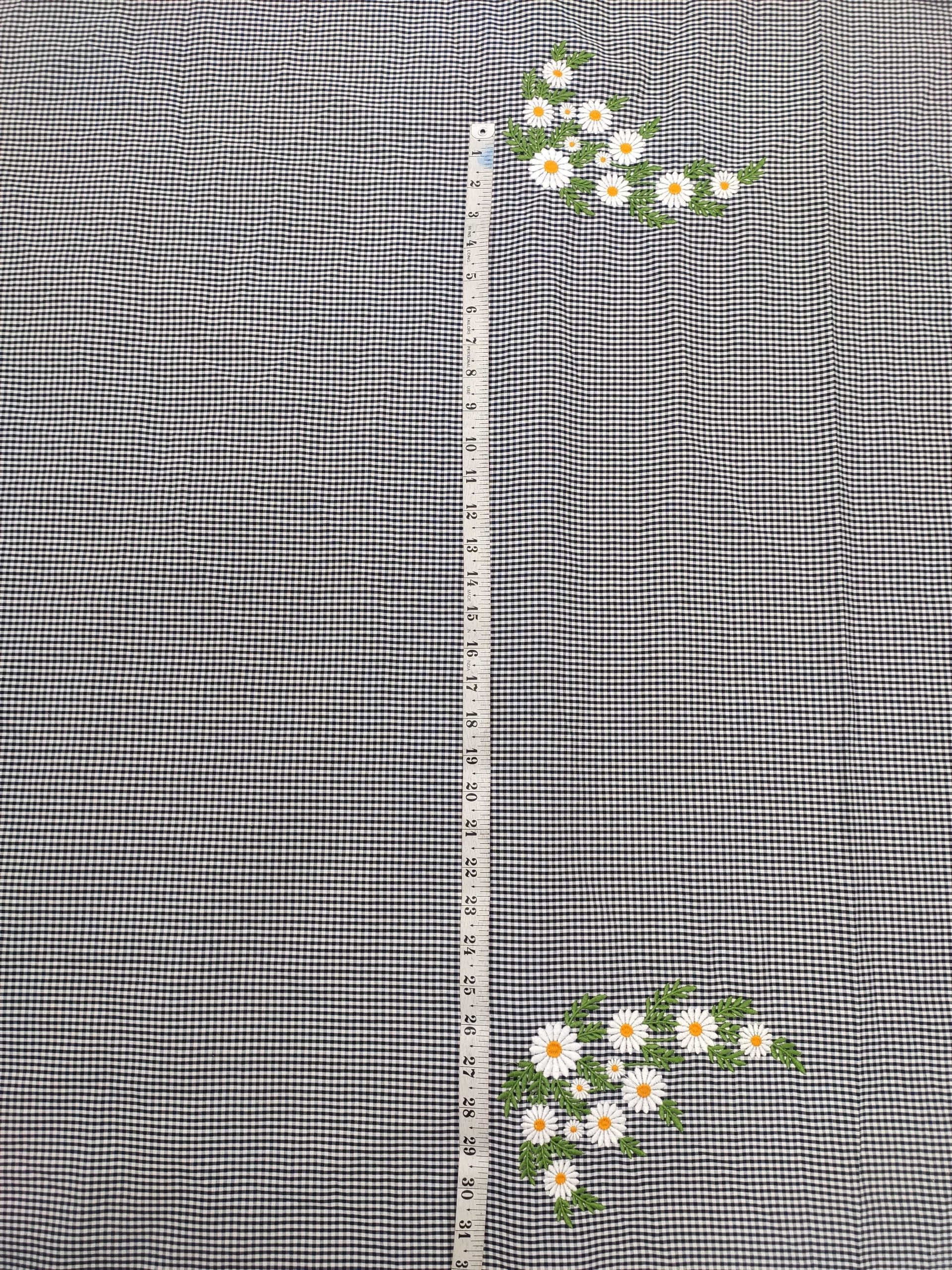 Navy Cotton Gingham Fabric with Daisy Embroidery | Charu Creation - Image 2