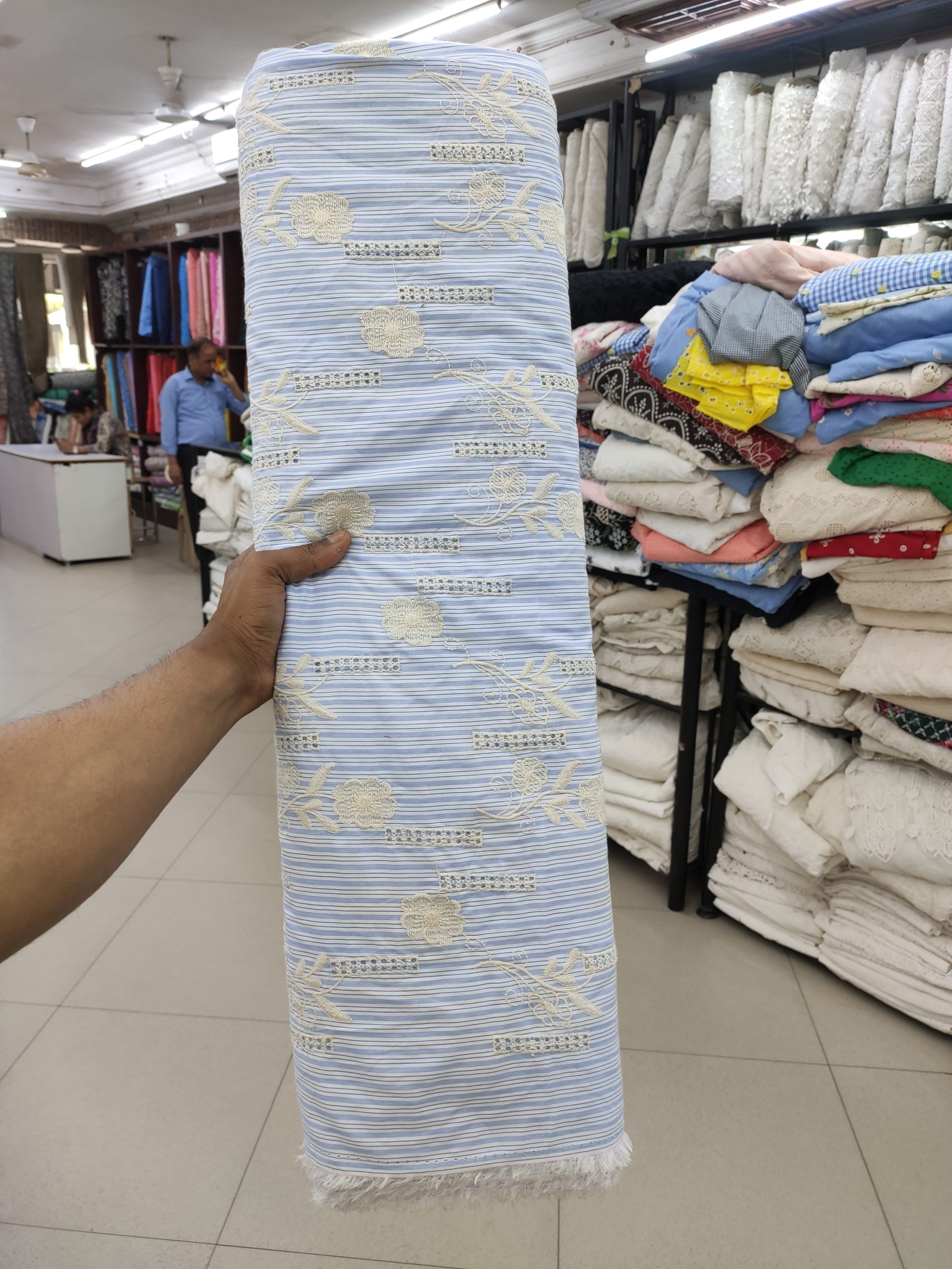 Sky Blue Cotton Stripe Fabric with Floral Embroidery | Charu Creation - Image 2